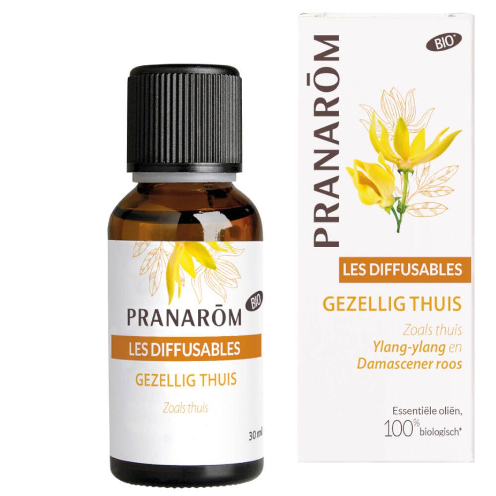 Bruine glazen fles met zwarte dop. Etiket met tekst en logo. Doos met logo en productinformatie.