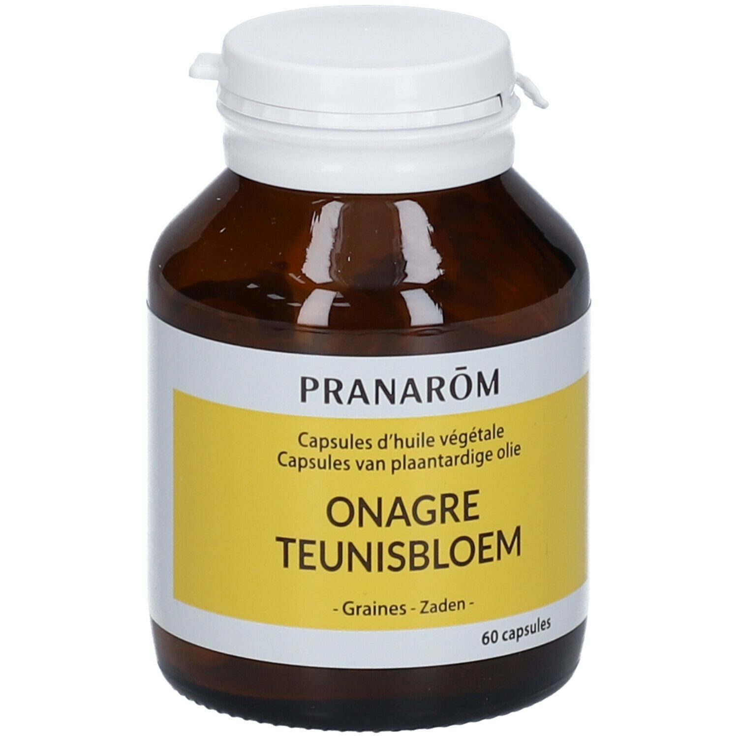 Bruine glazen fles met witte dop. Etiket met productnaam en merk PRANAROM. Bevat 60 capsules.