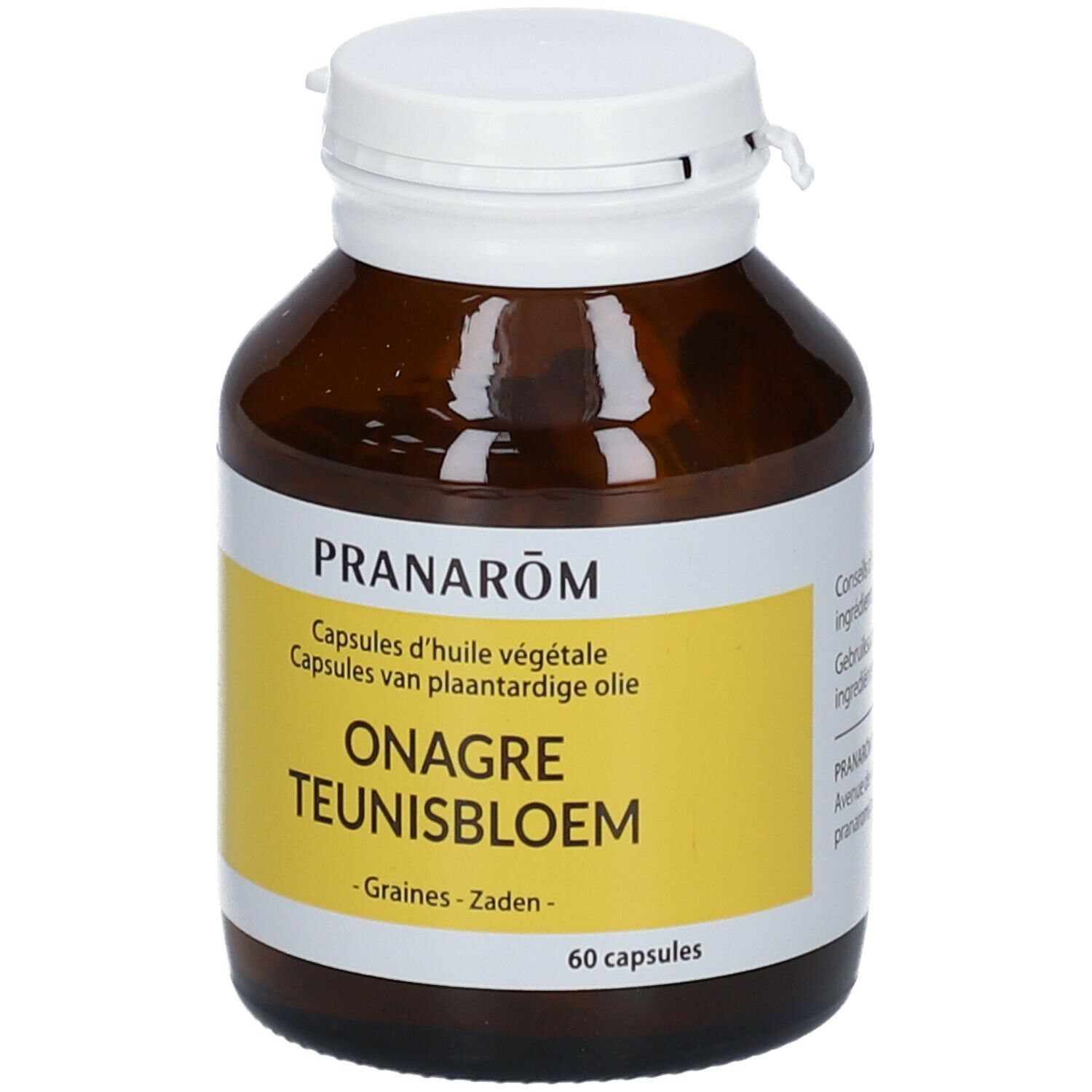 Bruine glazen fles met witte dop. Etiket met productnaam en merk PRANAROM. Bevat 60 capsules.
