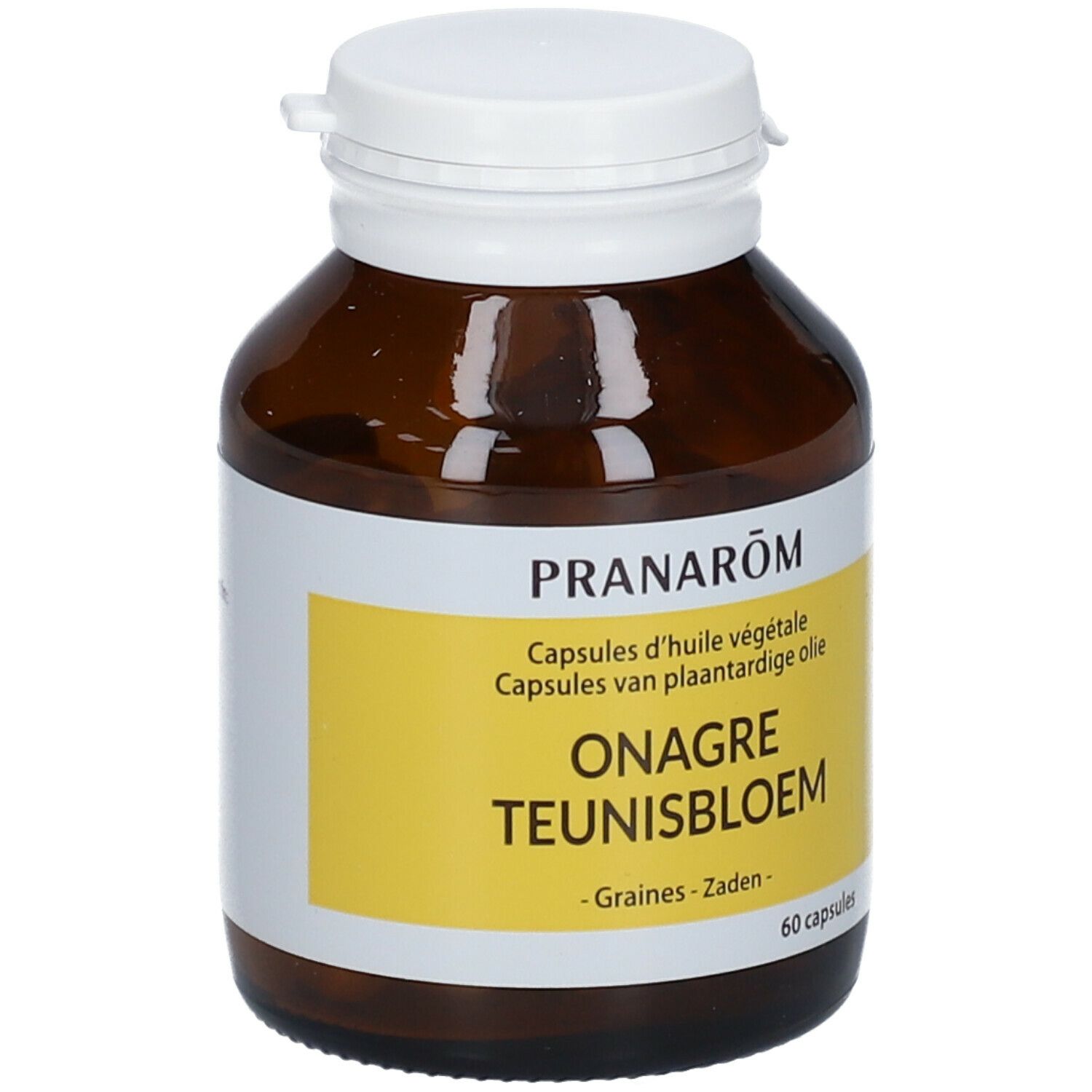 Bruine glazen fles met witte dop. Etiket met productnaam en merk PRANAROM. Bevat 60 capsules.