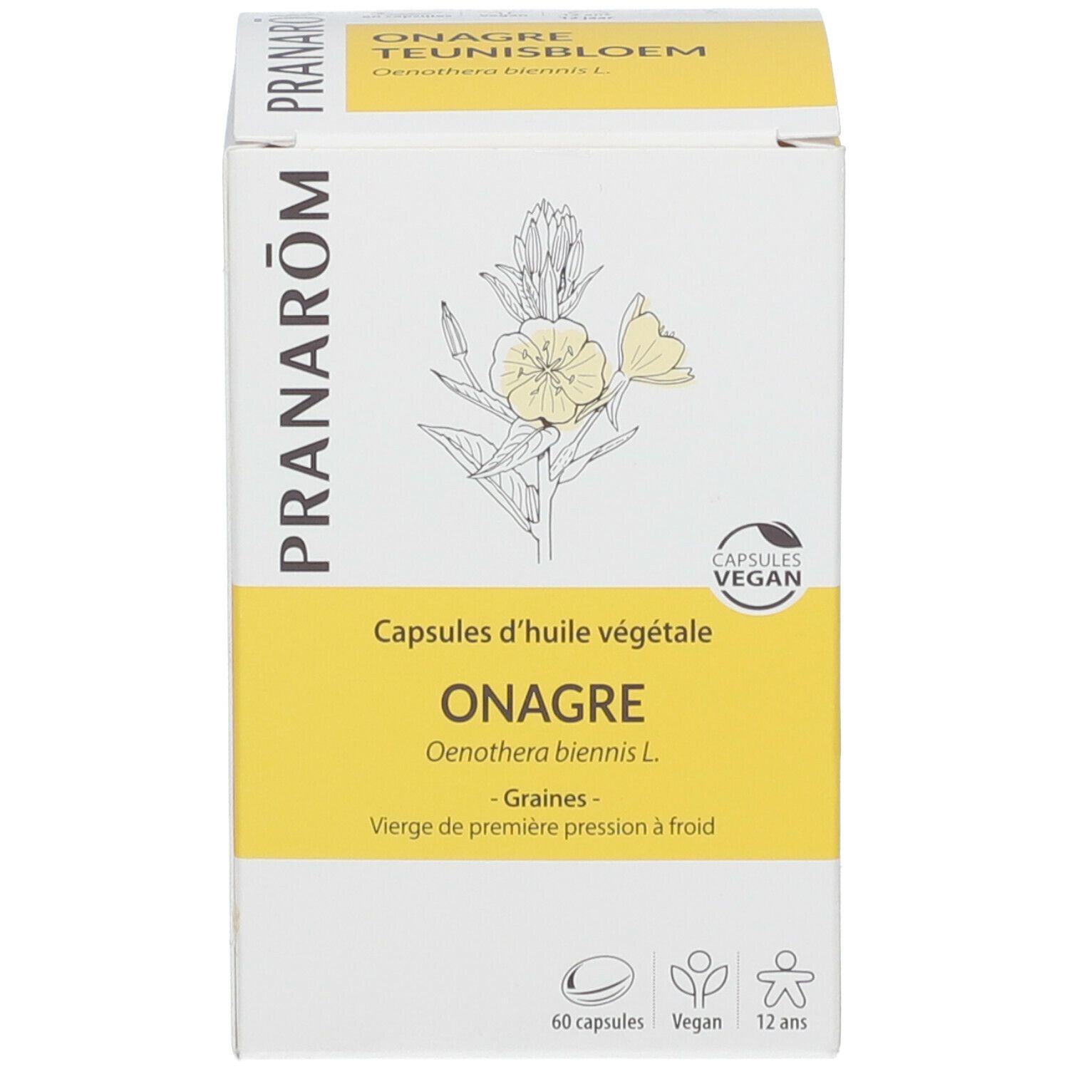 Witte productverpakking met gele accenten. Productnaam en merk PRANAROM. Bevat 60 capsules. Veganistisch logo.