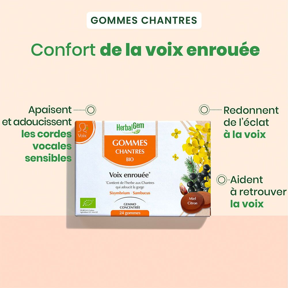 Productverpakking met tekst: Gommes Chantres, Confort de la voix enrouée. Met illustraties en teksten over de voordelen.
