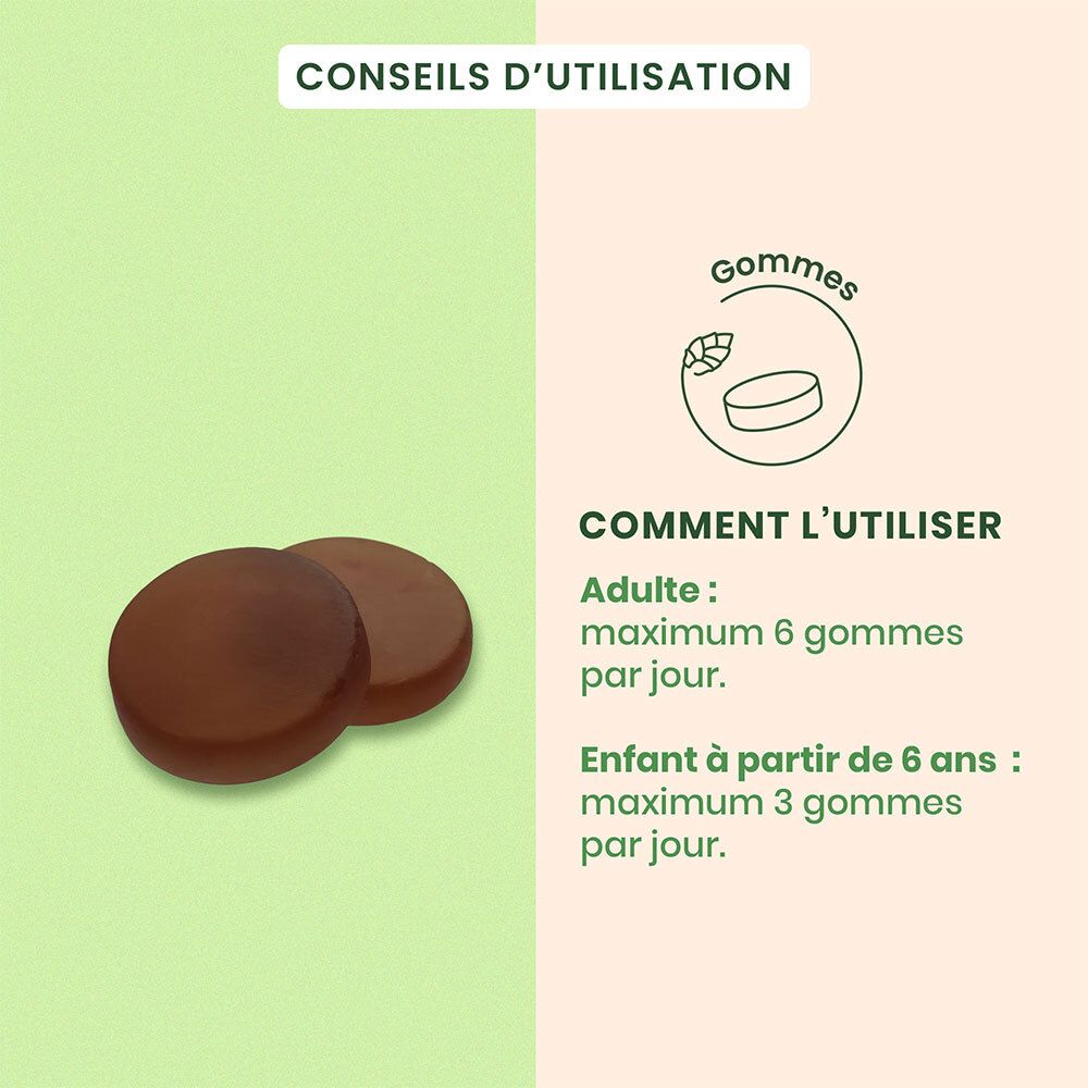 Gebruiksaanwijzing: Volwassenen: max. 6 gummies per dag, Kinderen vanaf 6 jaar: max. 3 gummies per dag. Afbeelding van gummies.