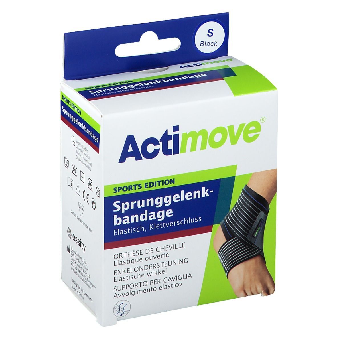 Actimove Sports Edition enkelbandage, maat S, in verpakking. Zwart-grijs bandage afgebeeld op voet.