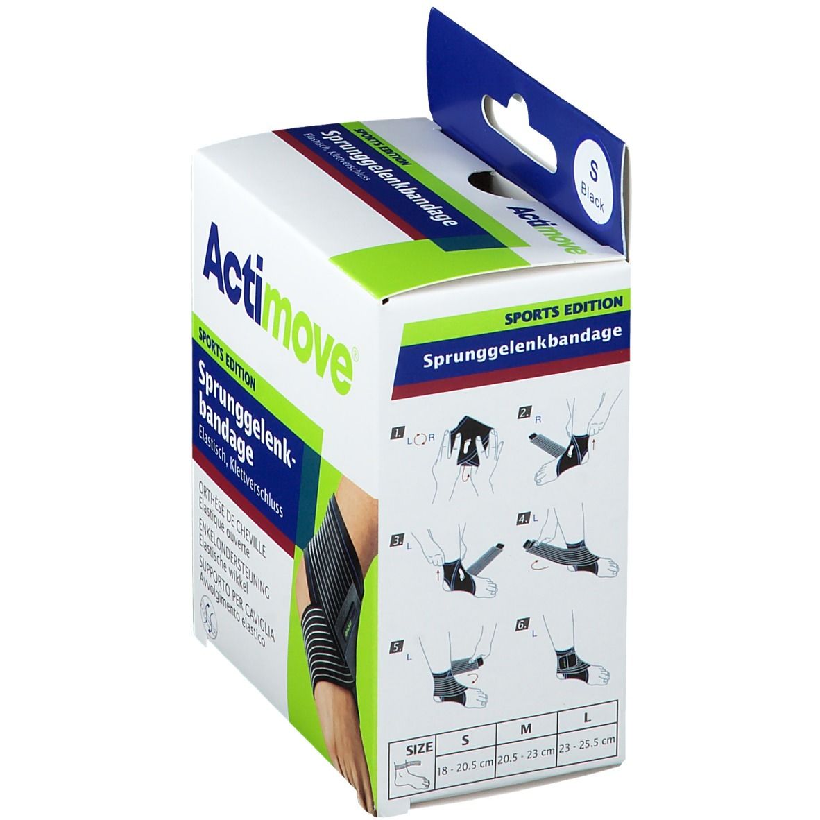 Actimove Sports Edition enkelbandage, verpakking met maten S, M, L. Illustraties van toepassing.