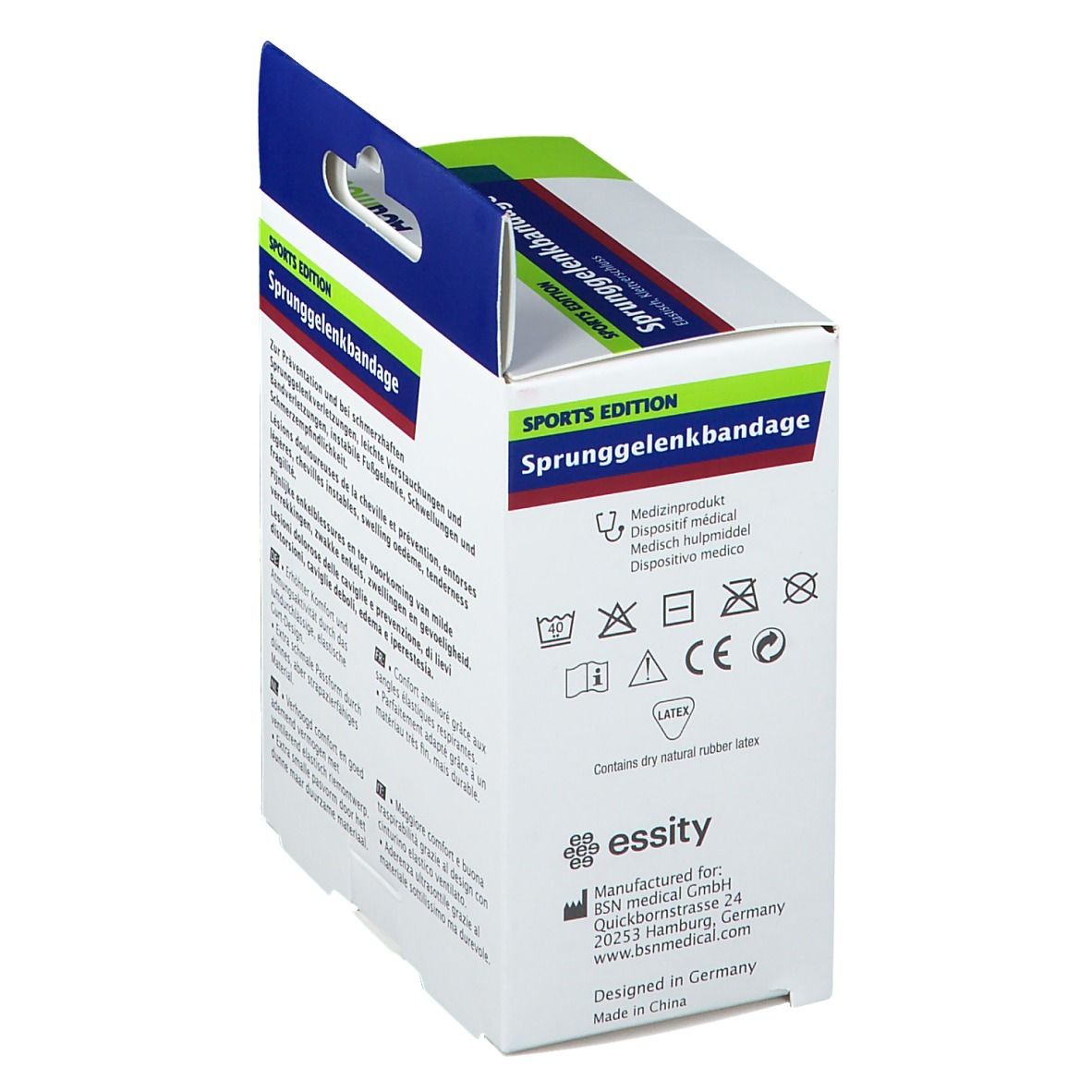 Actimove Sports Edition enkelbandage, verpakking met fabrikantinfo en latex-waarschuwing.