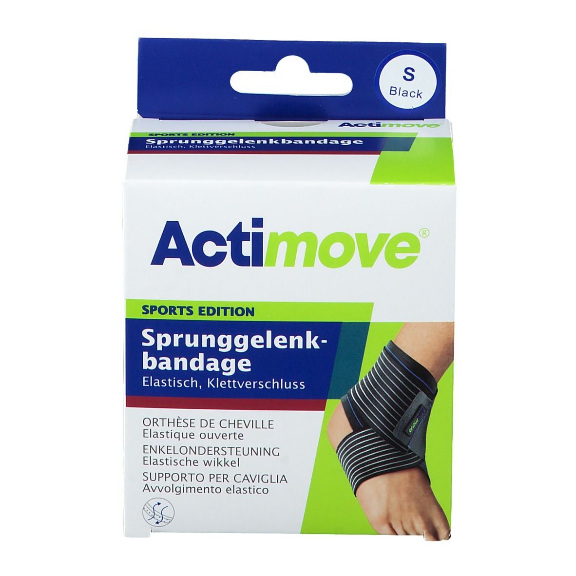 Actimove Sports Edition enkelbandage, maat S, in verpakking. Zwart-grijs bandage afgebeeld op voet.