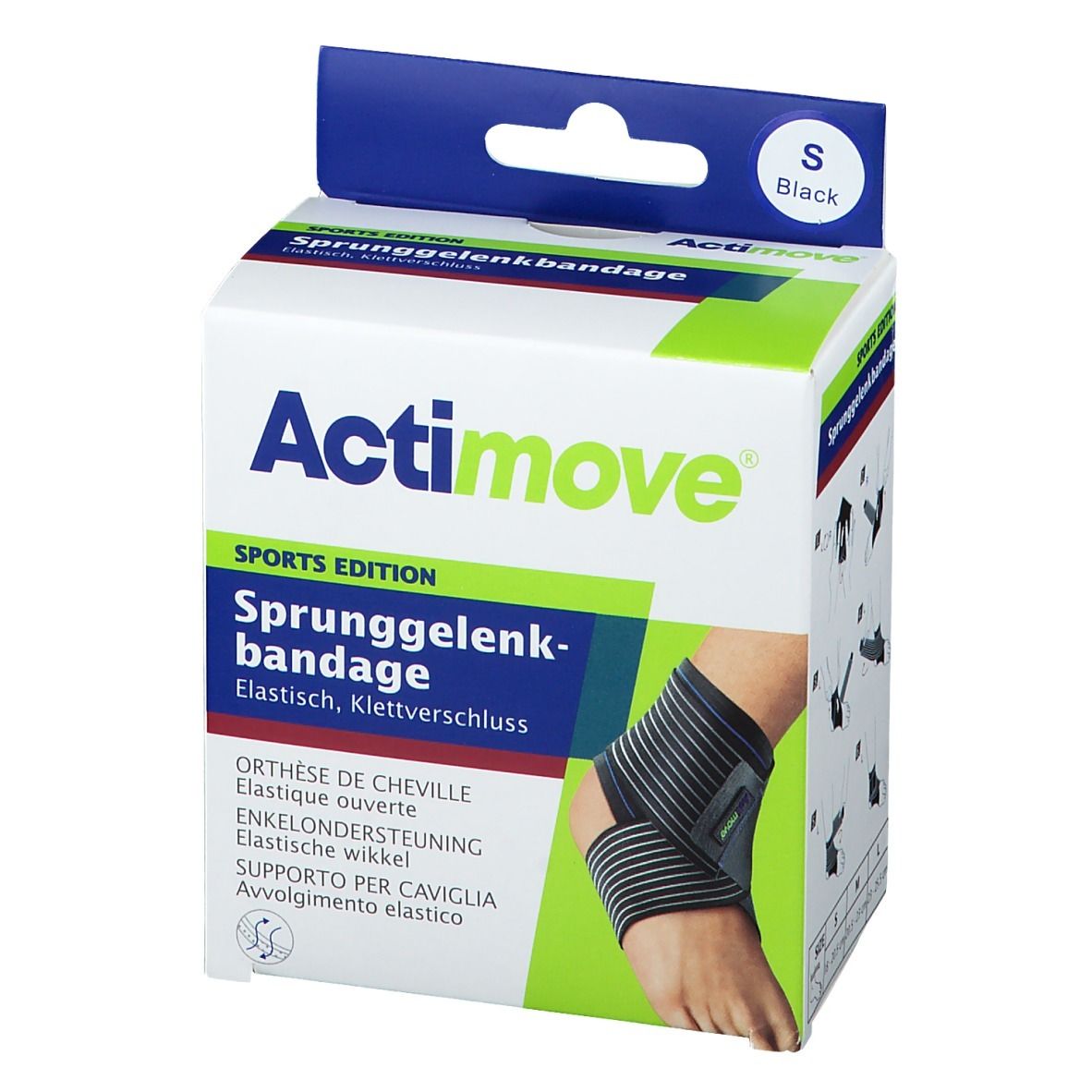 Actimove Sports Edition enkelbandage, maat S, in verpakking. Zwart-grijs bandage afgebeeld op voet.