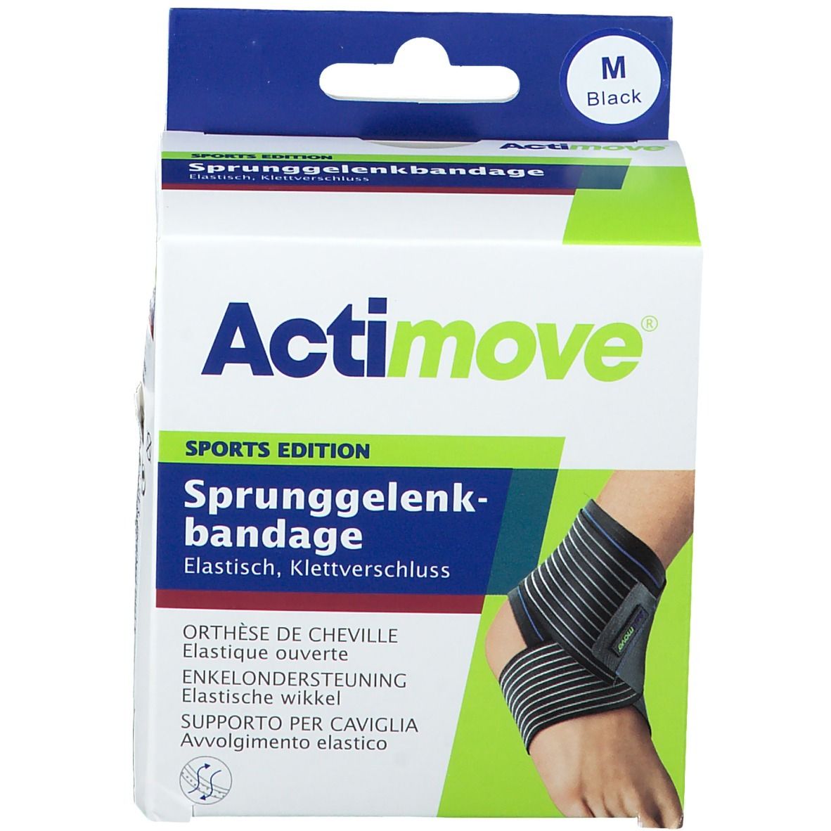 Actimove Sprunggelenk-Bandage, schwarz, Größe M, elastisch, mit Klettverschluss.