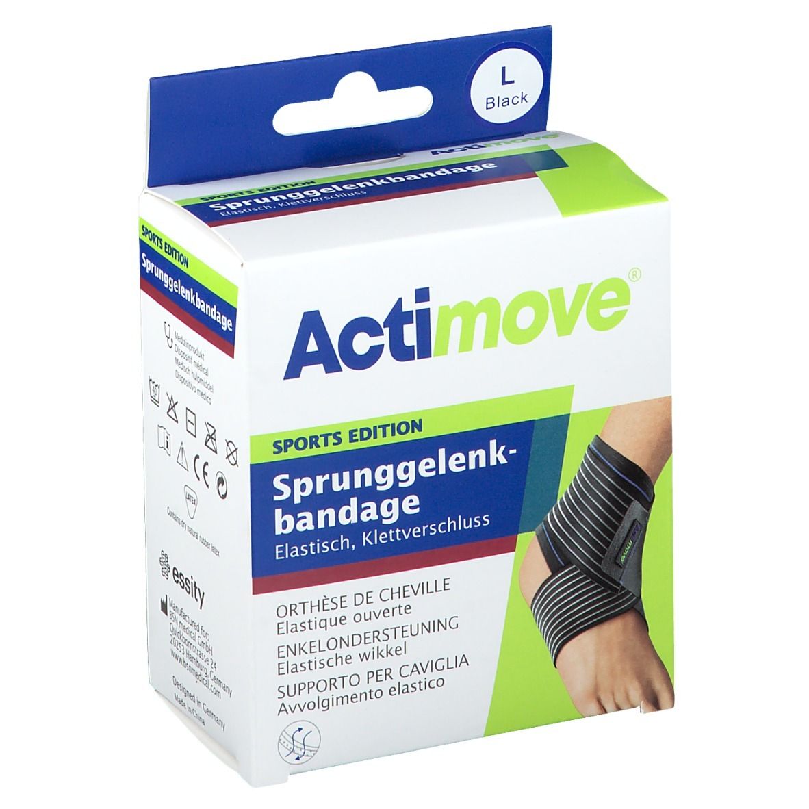 Actimove Sport Bandage Cheville, taille L, en boîte. Bandage noir et gris sur la cheville. Texte : Sprunggelenkbandage.