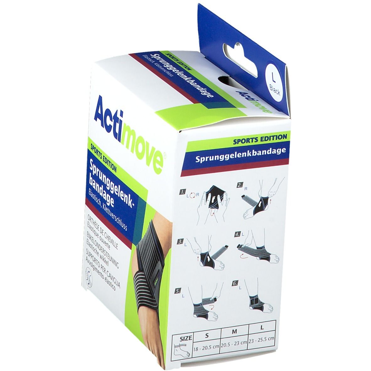 Actimove Sport Bandage Cheville, emballage. Illustrations d'utilisation. Tailles S, M, L. Texte : Sprunggelenkbandage.
