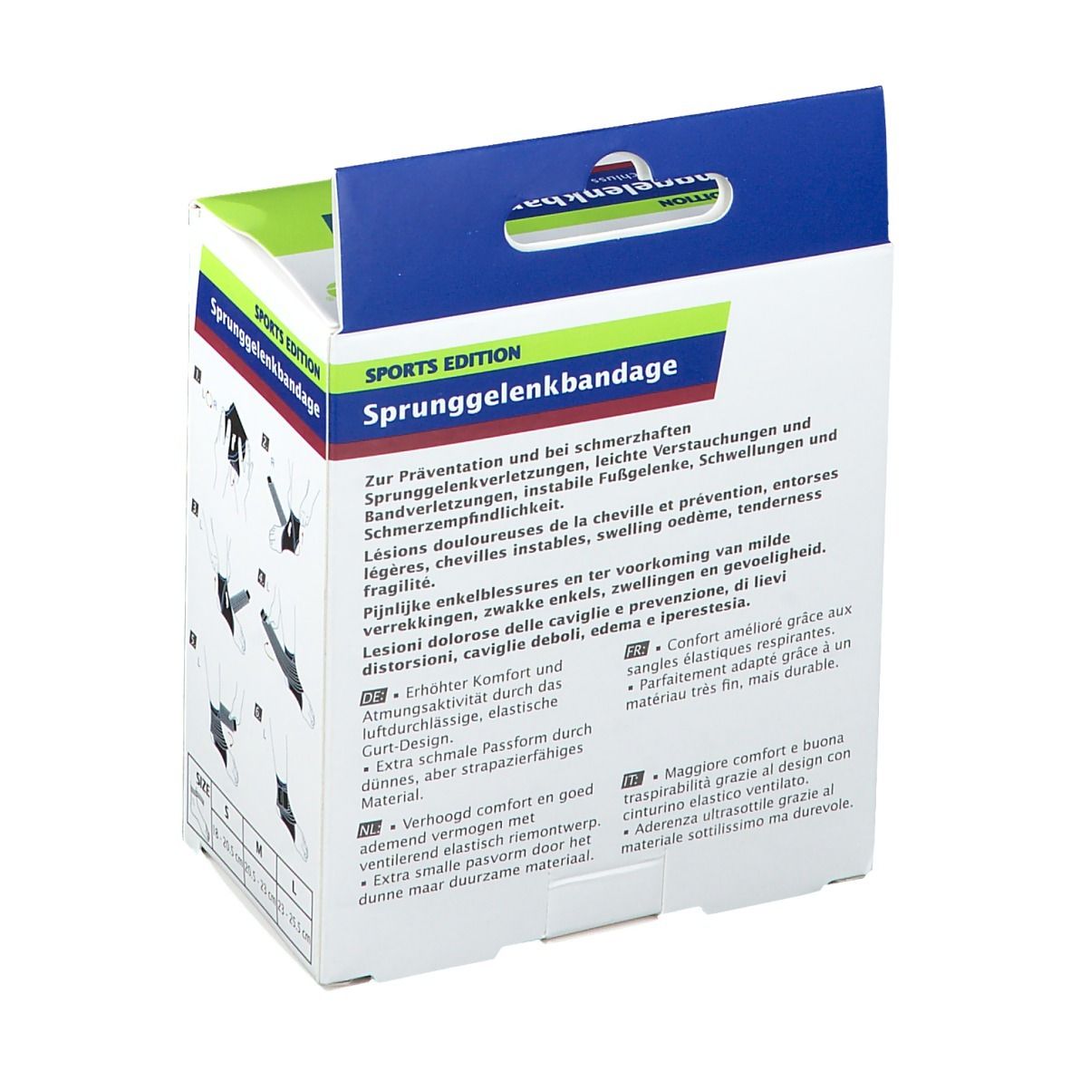 Actimove Sport Bandage Cheville, emballage. Texte en allemand, français, italien et néerlandais. Texte : Sprunggelenkbandage.