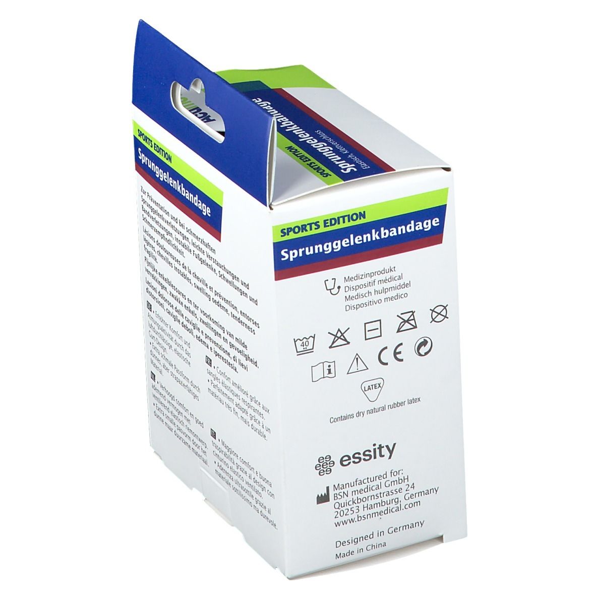 Actimove Sport Bandage Cheville, emballage. Dispositif médical. Informations du fabricant. Texte : Sprunggelenkbandage.