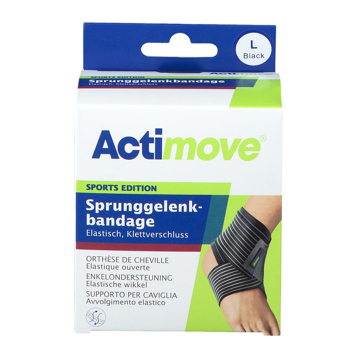 Actimove Sport Bandage Cheville, taille L, en boîte. Bandage noir et gris sur la cheville. Texte : Sprunggelenkbandage.