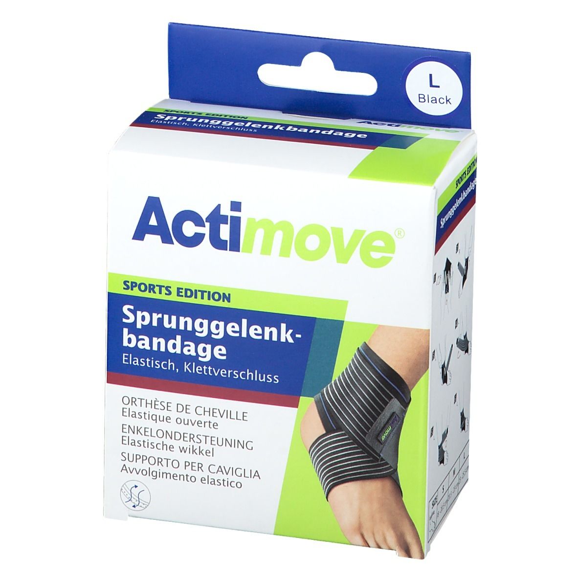 Actimove Sport Bandage Cheville, taille L, en boîte. Bandage noir et gris sur la cheville. Texte : Sprunggelenkbandage.