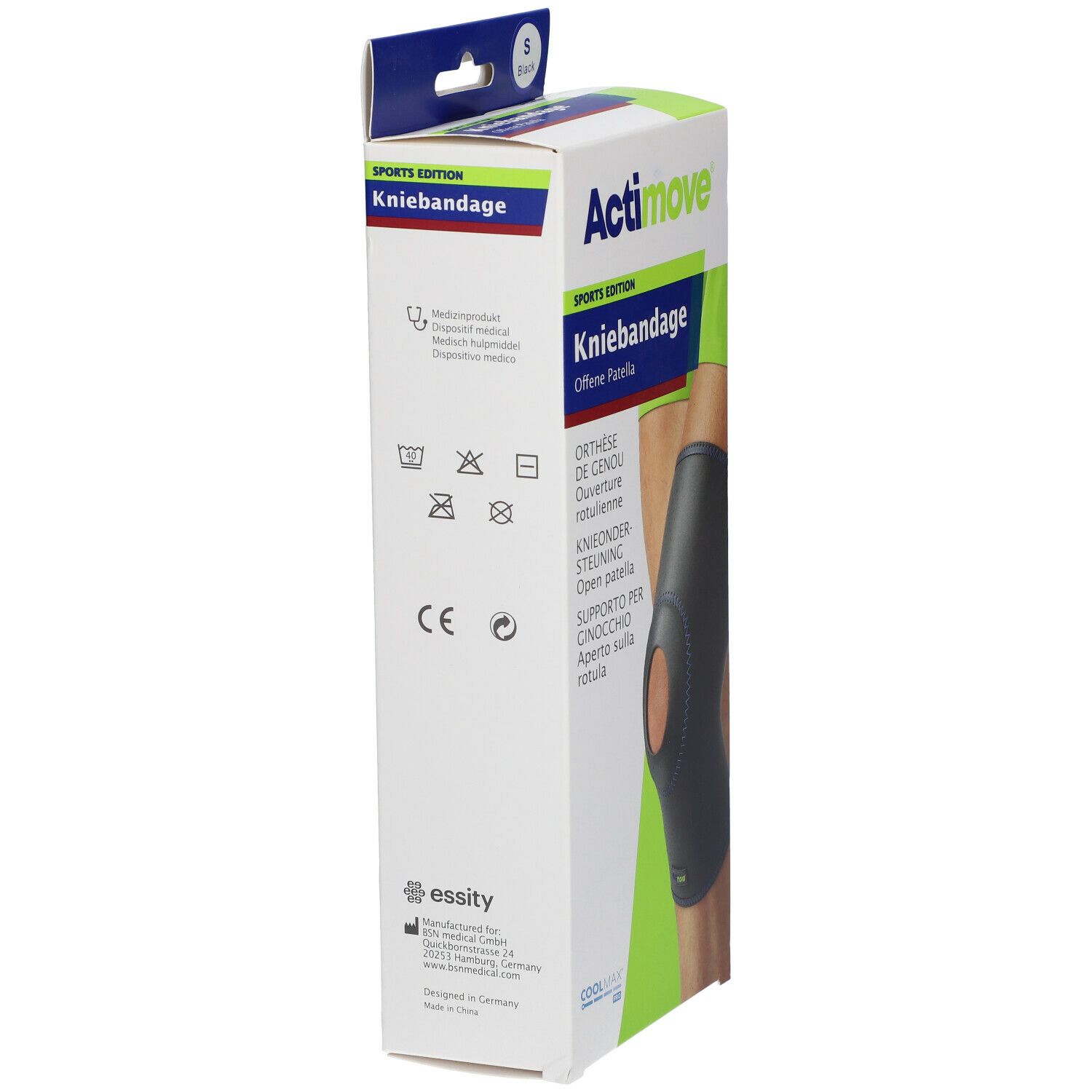 Emballage de genouillère Actimove. Informations produit, symboles de lavage, marquage CE. Taille S, noir.