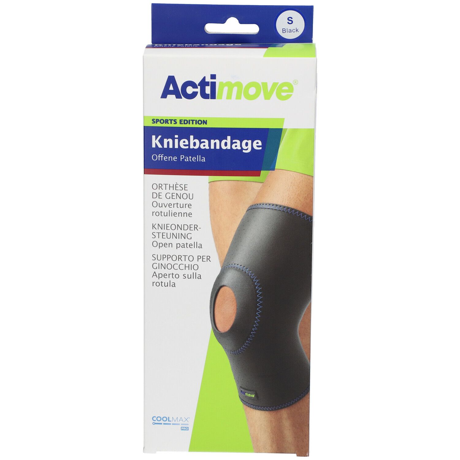 Genouillère Actimove Sports Edition, taille S, noire. Emballage. Patella ouverte.