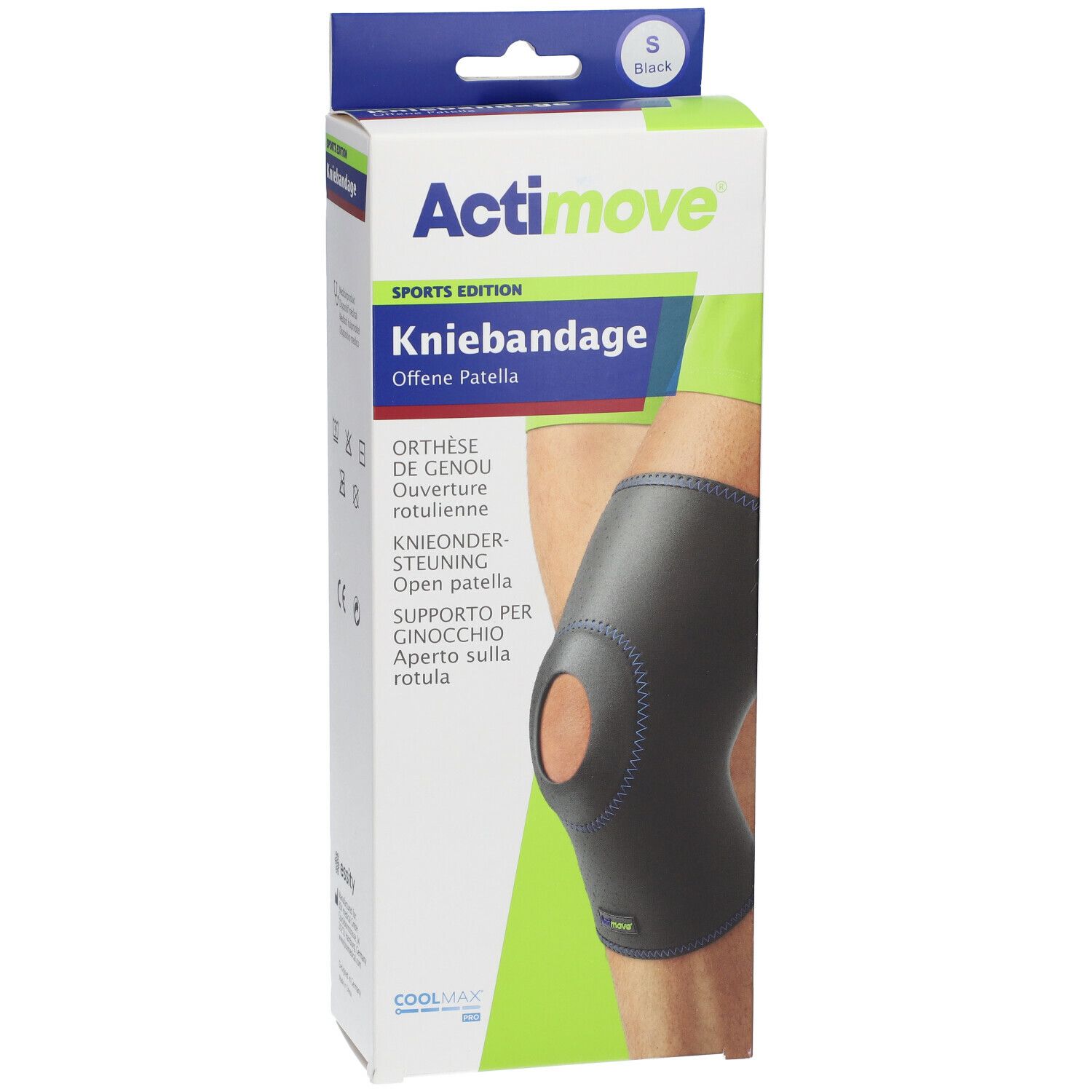 Genouillère Actimove Sports Edition, taille S, noire. Emballage. Patella ouverte.