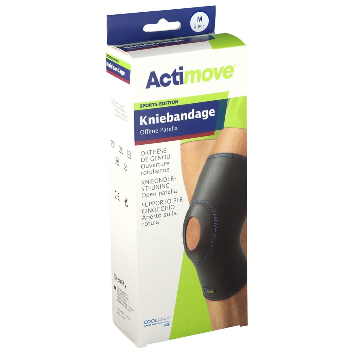 Actimove Kniebandage in Verpackung. Schwarz, Größe M. Offene Patella. Text: SPORTS EDITION, Kniebandage, Orthese de genou, Knieondersteuning.