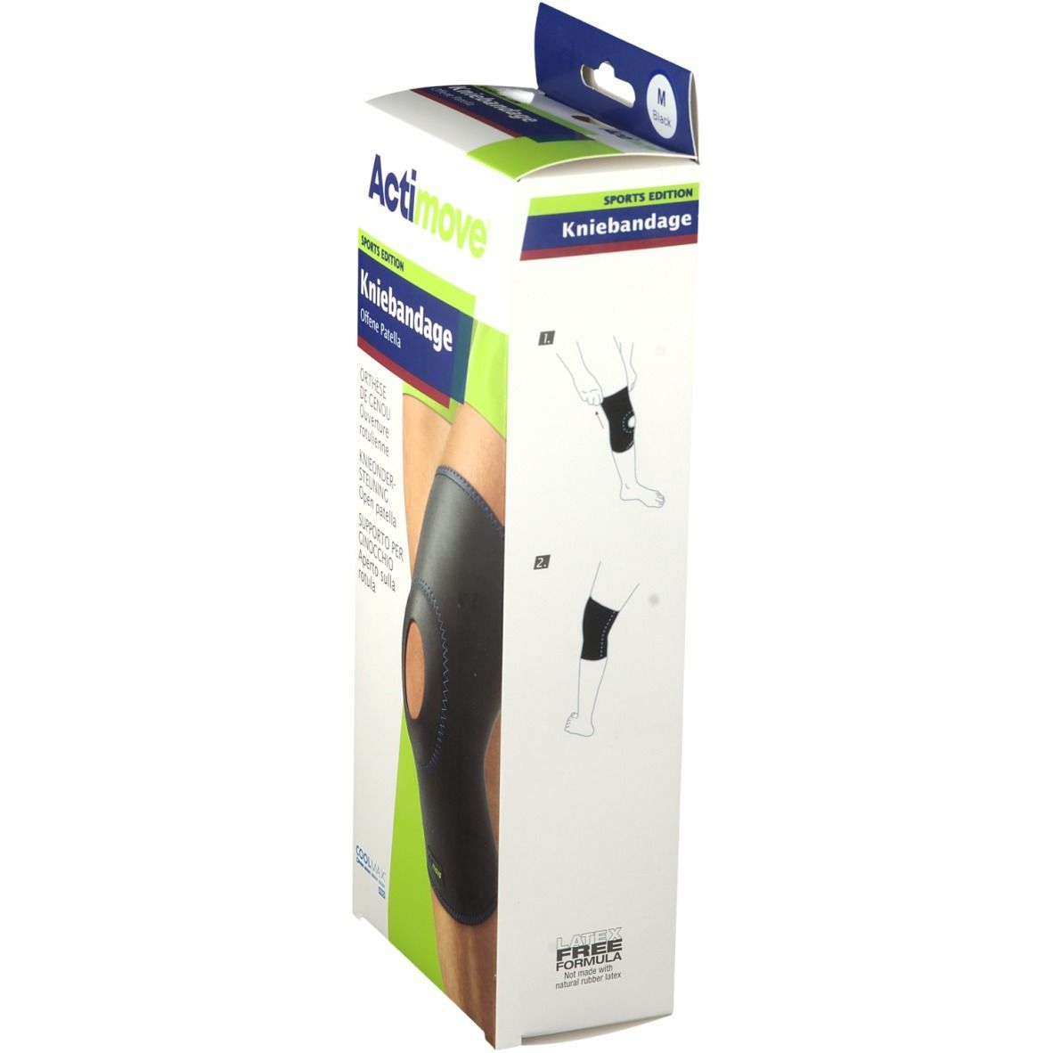 Verpackung der Actimove Kniebandage. Seite mit Produktabbildung und Anwendungsbeispielen. Text: SPORTS EDITION, Kniebandage, Orthese de genou, Knieondersteuning.
