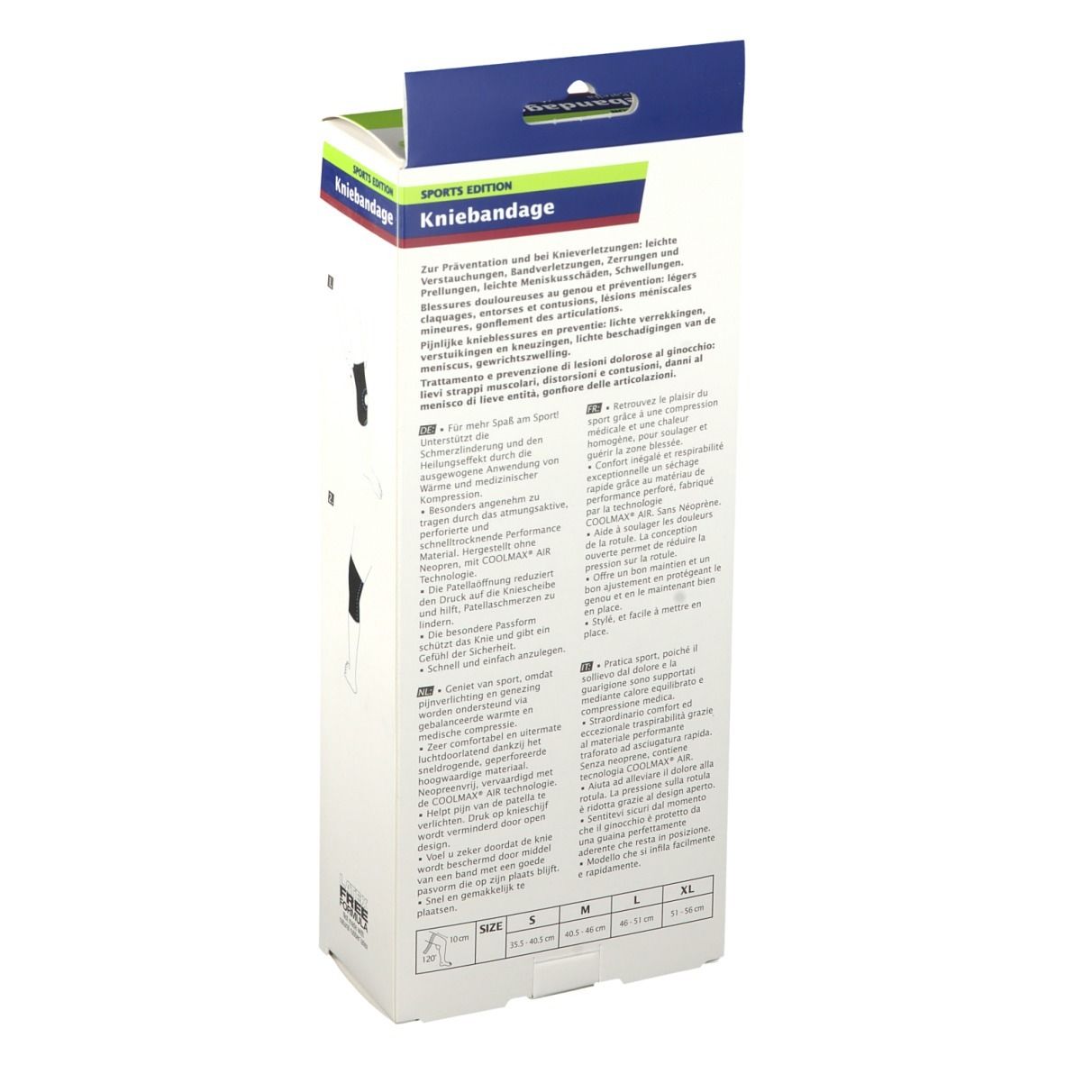 Rückseite der Actimove Kniebandage Verpackung. Text in mehreren Sprachen. Größenangaben: S, M, L, XL. CE-Kennzeichnung.