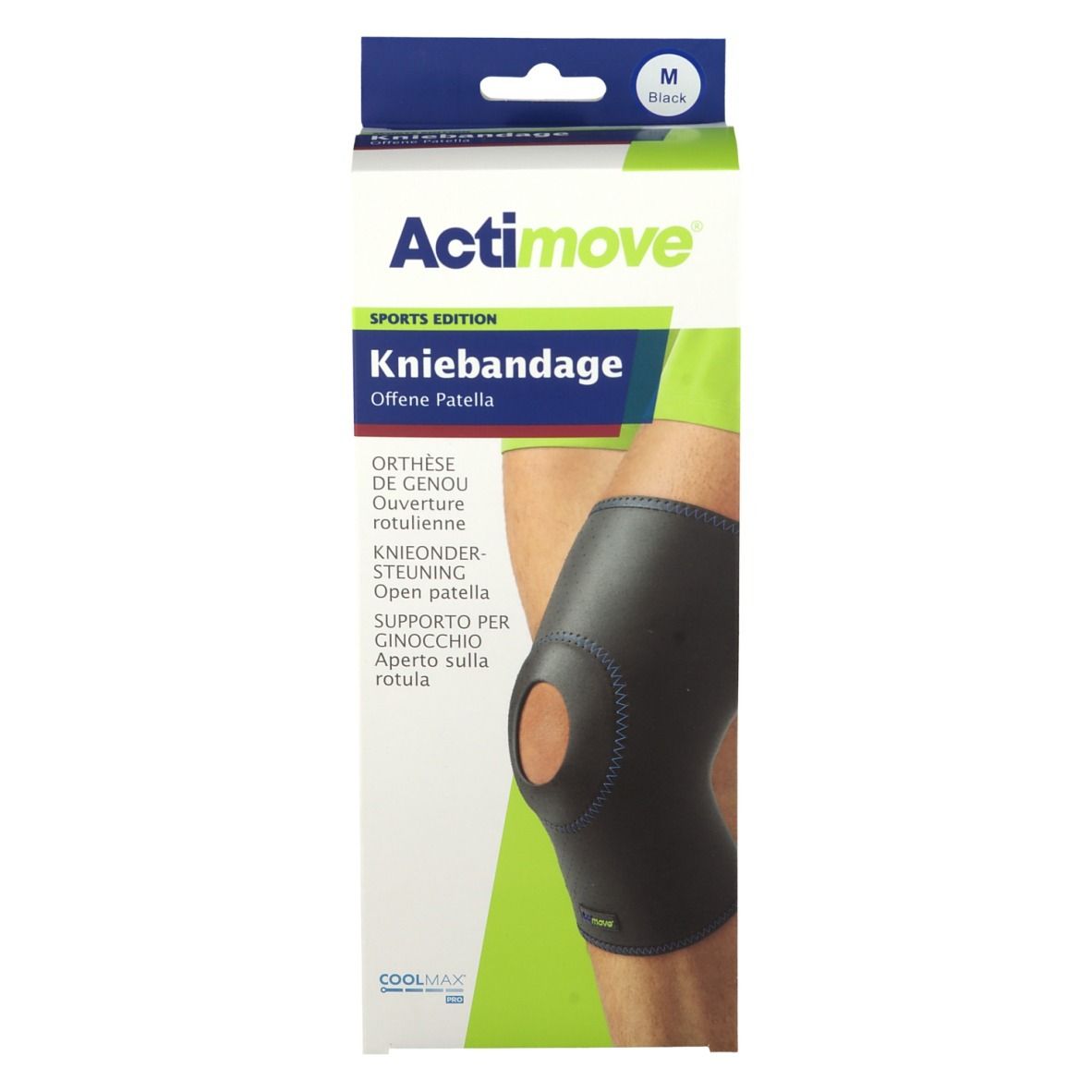 Actimove Kniebandage in Verpackung. Schwarz, Größe M. Offene Patella. Text: SPORTS EDITION, Kniebandage, Orthese de genou, Knieondersteuning.