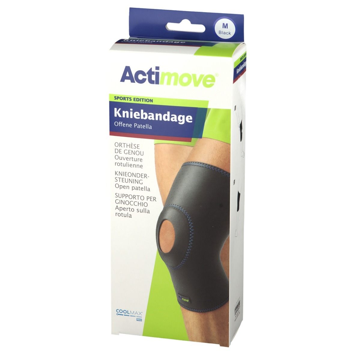 Actimove Kniebandage in Verpackung. Schwarz, Größe M. Offene Patella. Text: SPORTS EDITION, Kniebandage, Orthese de genou, Knieondersteuning.