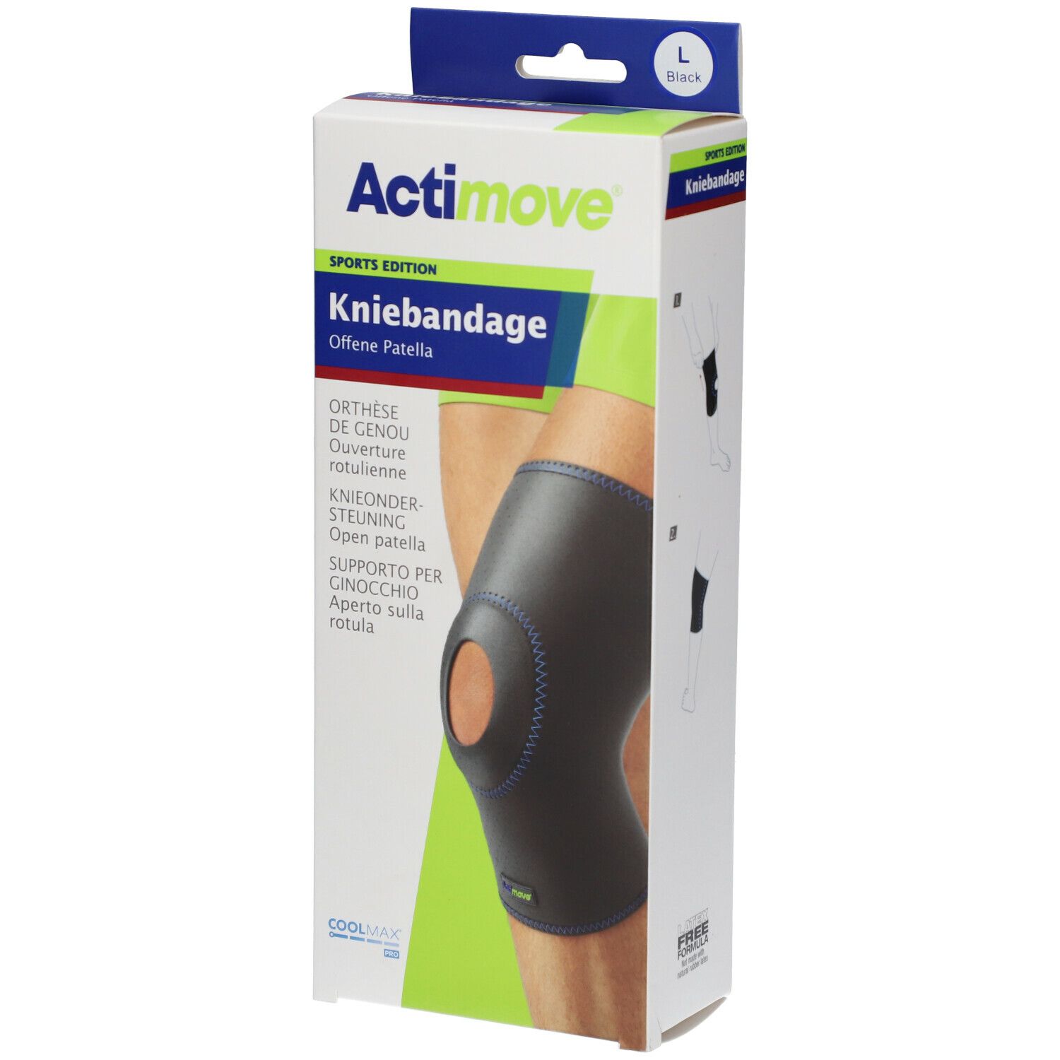 Genouillère Actimove, modèle Offene Patella, en boîte. Taille L, couleur noire. Emballage avec texte multilingue.