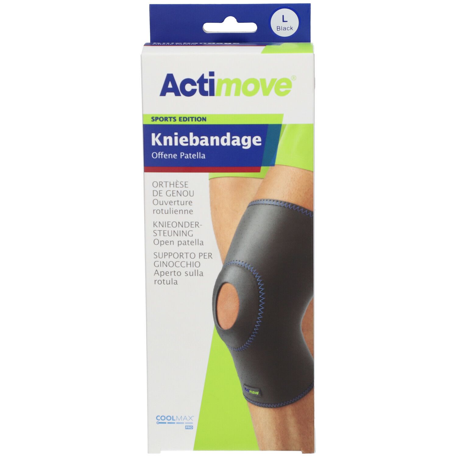 Genouillère Actimove, modèle Offene Patella, en boîte. Taille L, couleur noire. Emballage.