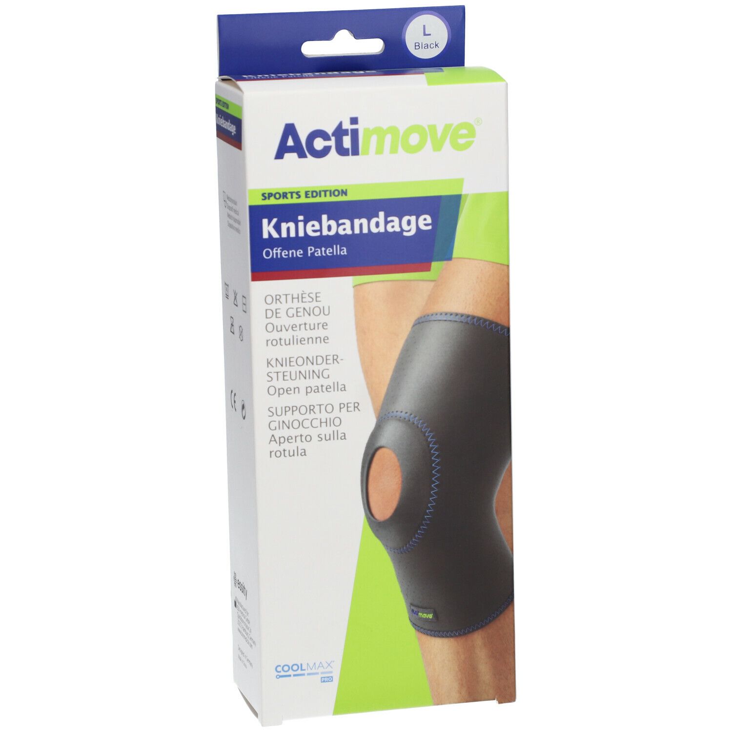 Genouillère Actimove, modèle Offene Patella, en boîte. Taille L, couleur noire. Emballage.