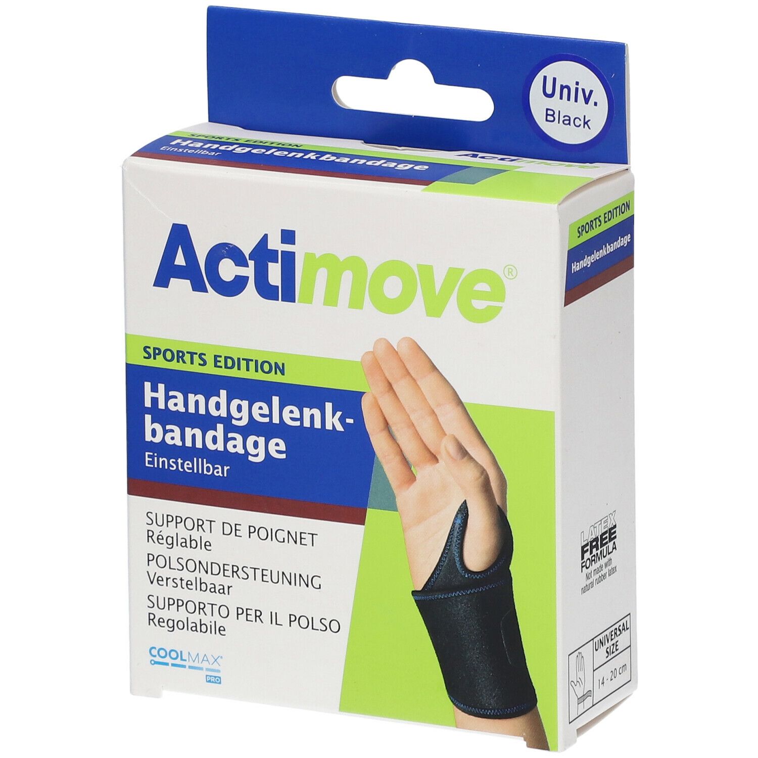 Verpakking van Actimove Sport Support Poignet. Zwarte bandage op hand afgebeeld. "Handgelenkbandage" en "Sports Edition" gedrukt.