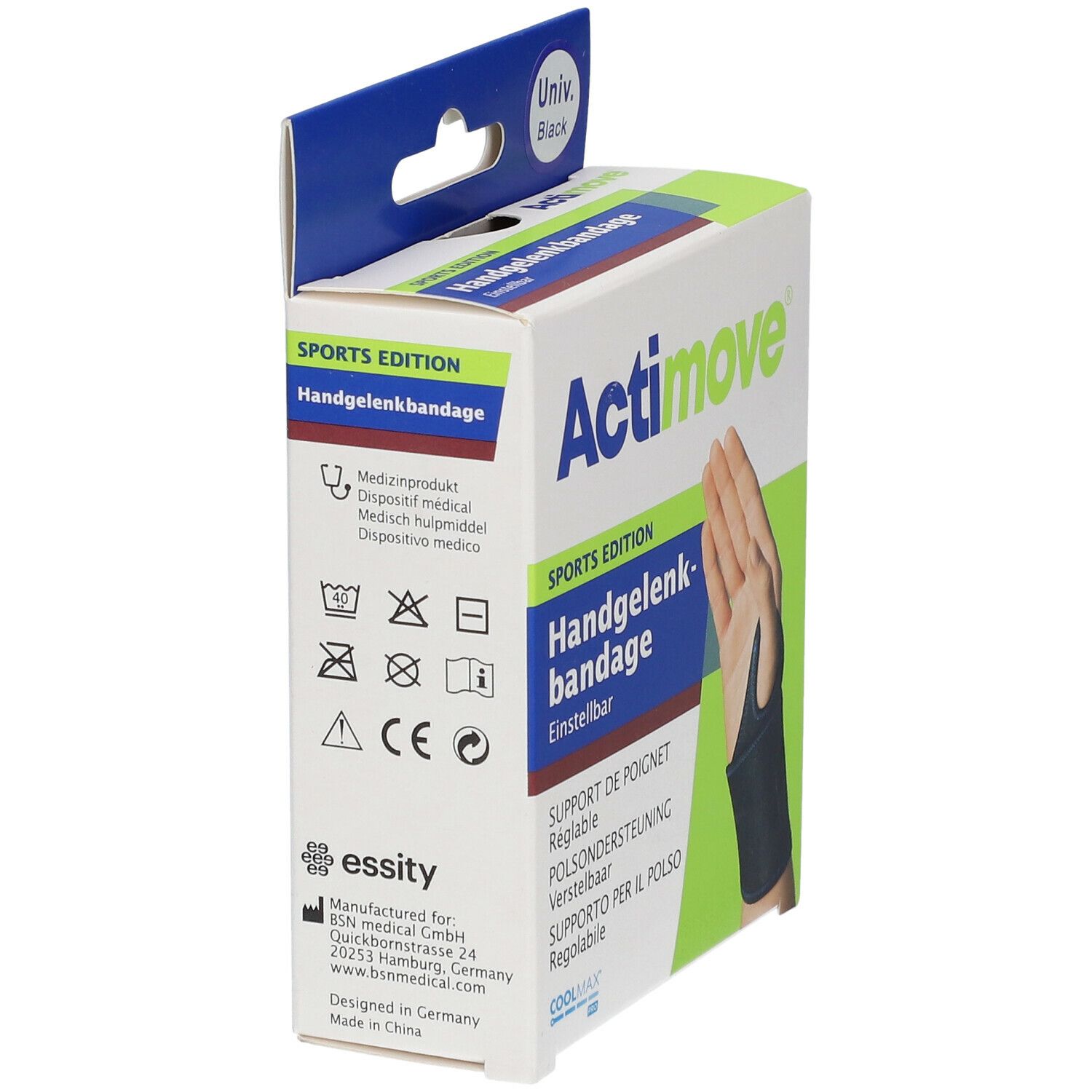 Zijaanzicht van de Actimove Sport Support Poignet verpakking. Productinformatie, logo's en symbolen. "Handgelenkbandage" en "Sports Edition".