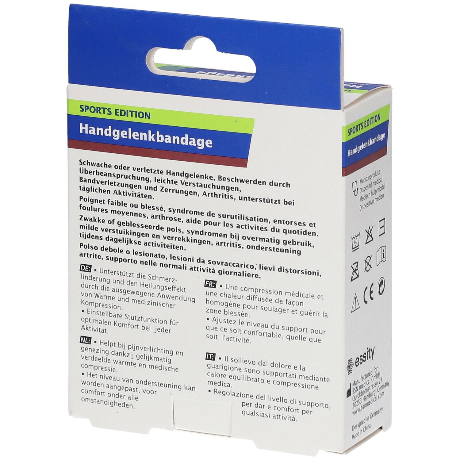 Achterkant van de Actimove Sport Support Poignet verpakking. Tekstinformatie over gebruik en voordelen. Logo's en symbolen.