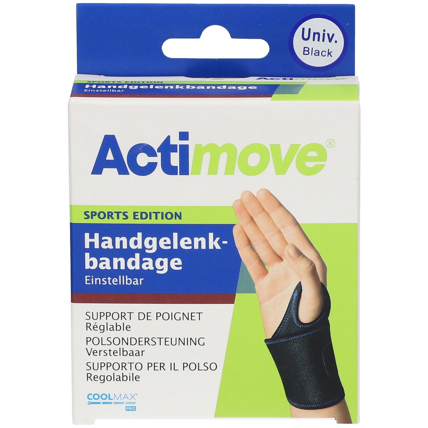 Vooraanzicht van de Actimove Sport Support Poignet verpakking. Zwarte bandage op hand afgebeeld. "Handgelenkbandage" en "Sports Edition".