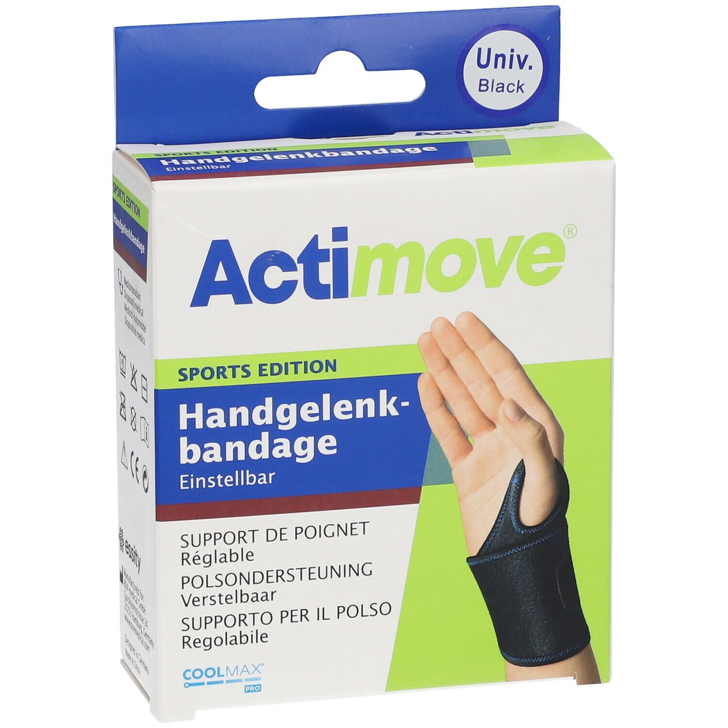 Vooraanzicht van de Actimove Sport Support Poignet verpakking. Zwarte bandage op hand afgebeeld. "Handgelenkbandage" en "Sports Edition".
