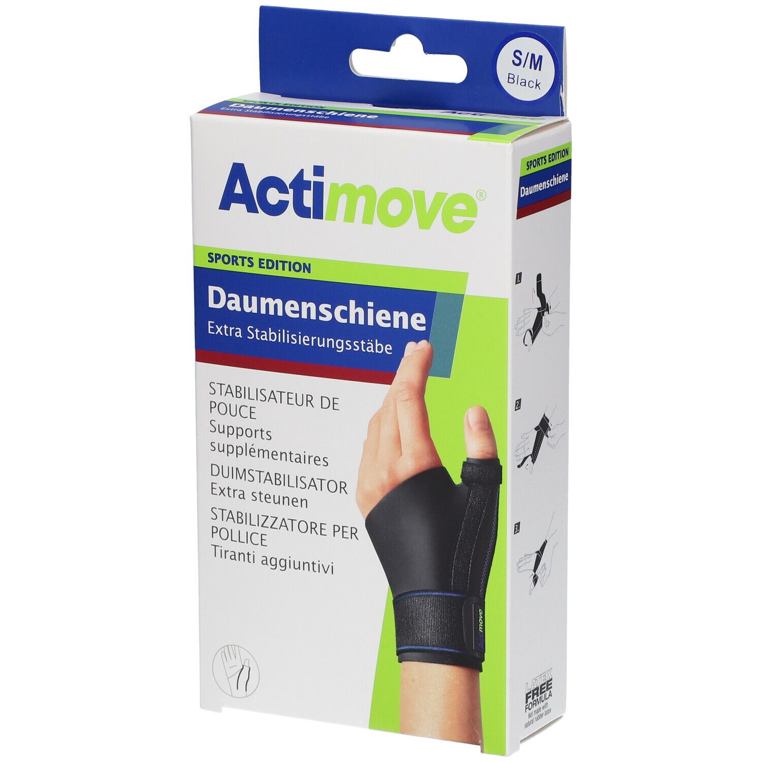 Emballage Actimove Daumenschiene. Noir, S/M. Image : main avec attelle de pouce.