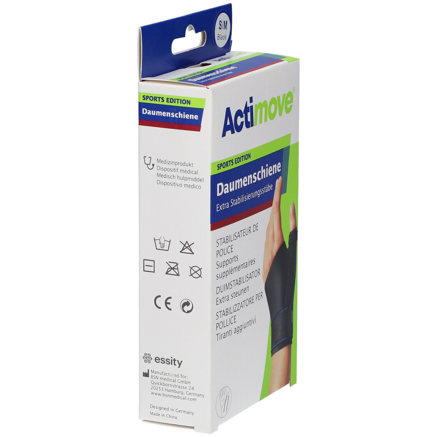 Emballage Actimove Daumenschiene. Image : main avec attelle de pouce. Dispositif médical.