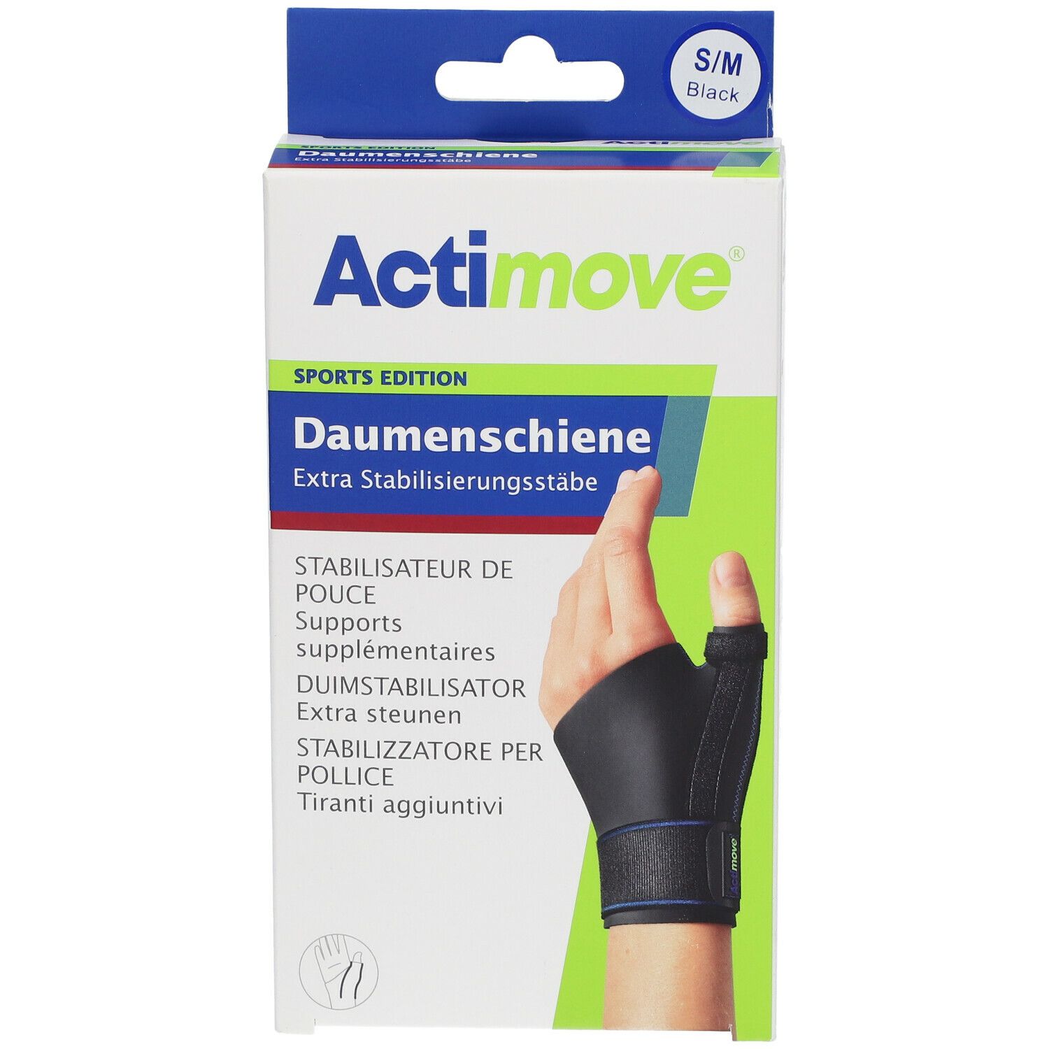 Emballage Actimove Daumenschiene. Noir, S/M. Image : main avec attelle de pouce.