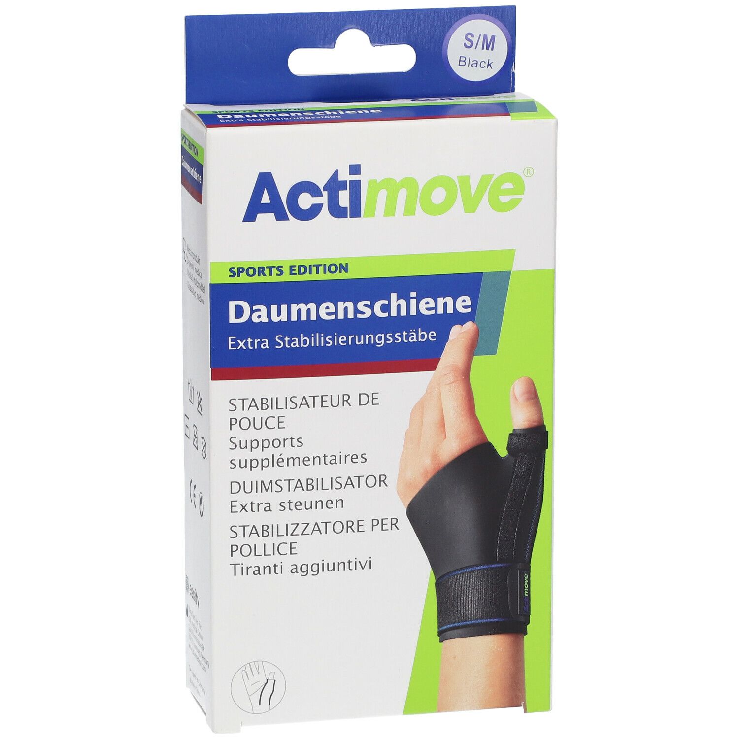 Emballage Actimove Daumenschiene. Noir, S/M. Image : main avec attelle de pouce.