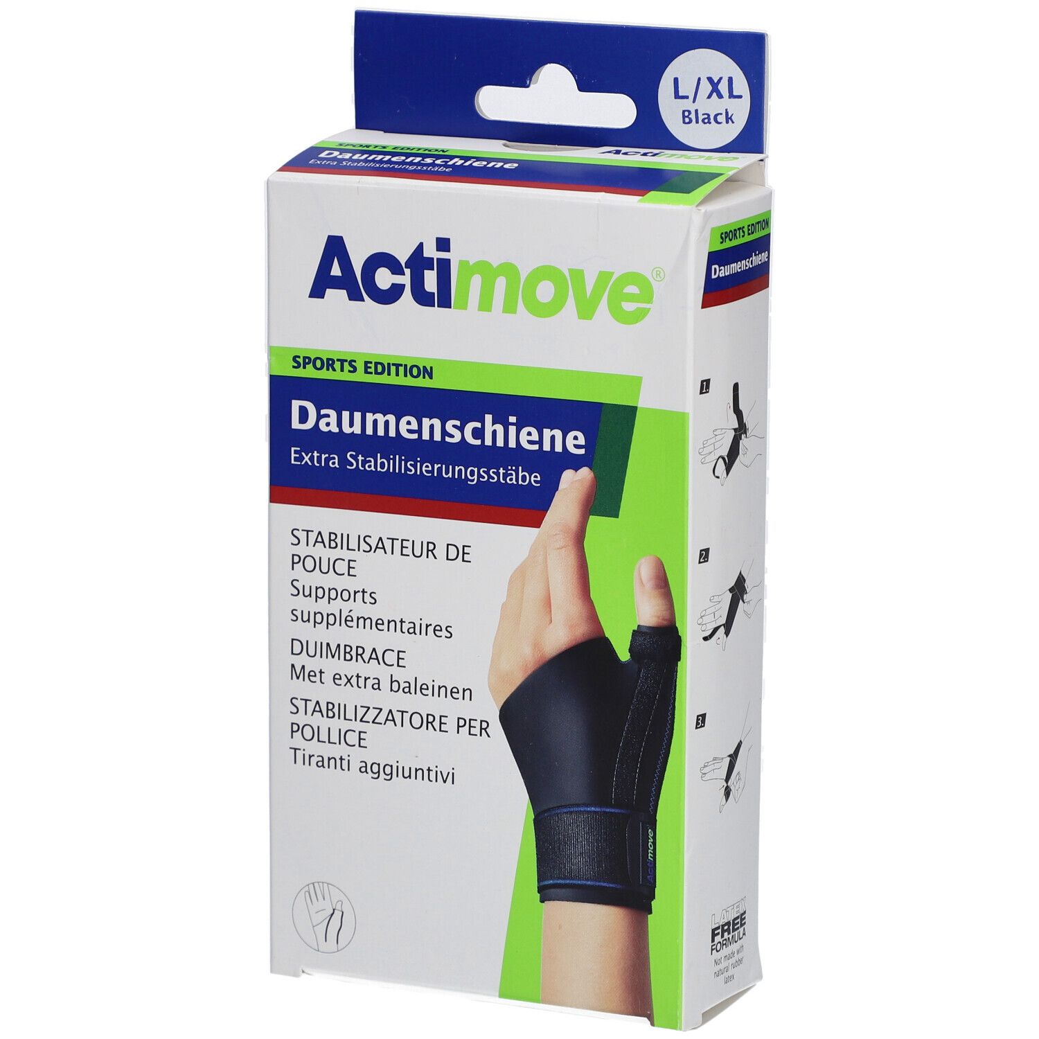 Actimove SPORTS EDITION Daumenschiene, L/XL, zwart. Verpakking met productafbeelding en hand met duimbrace.