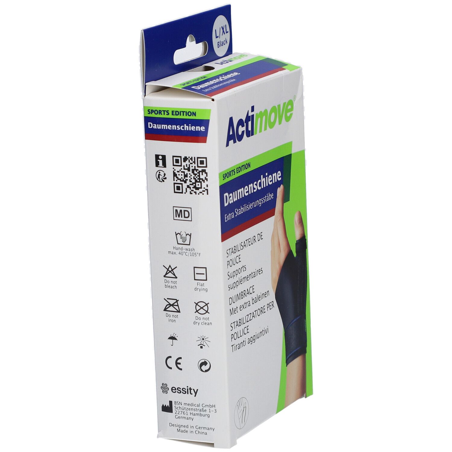Actimove SPORTS EDITION Daumenschiene verpakking, L/XL, zwart. Zijaanzicht met productinformatie en logo's.