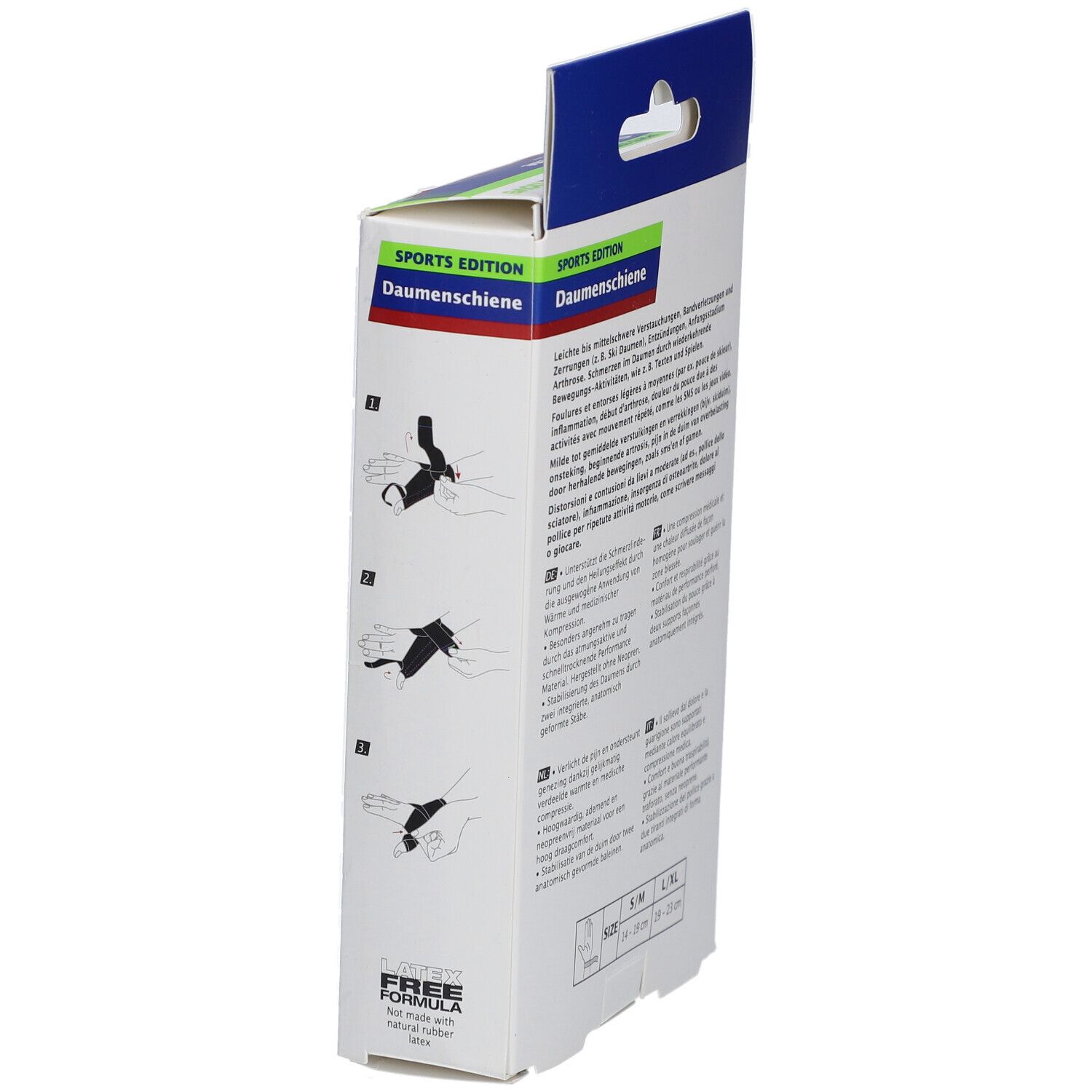 Actimove SPORTS EDITION Daumenschiene verpakking, detail. Illustraties van de toepassing.