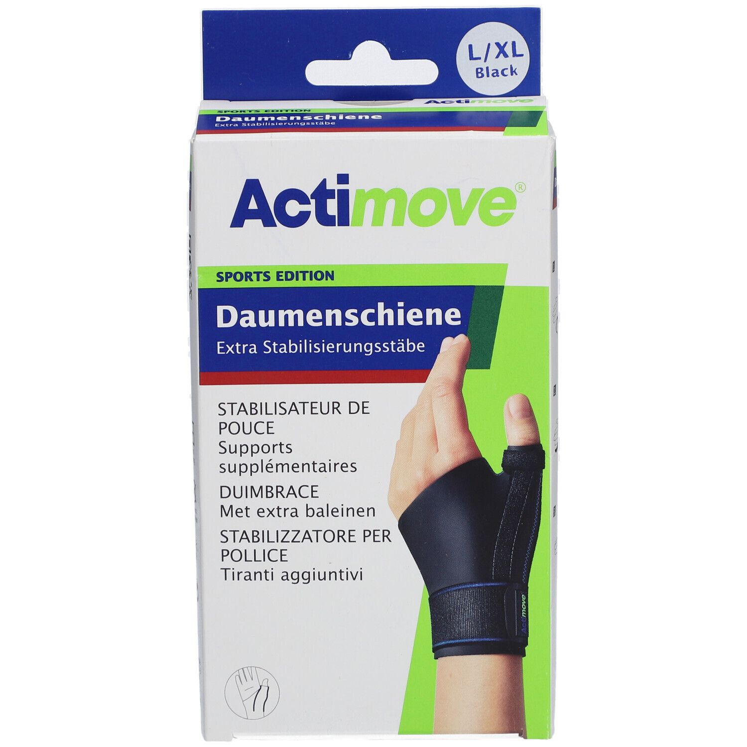 Actimove SPORTS EDITION Daumenschiene, L/XL, zwart. Verpakking met productafbeelding en hand met duimbrace.