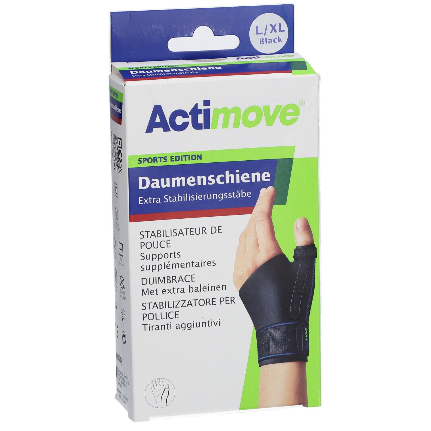 Actimove SPORTS EDITION Daumenschiene, L/XL, zwart. Verpakking met productafbeelding en hand met duimbrace.