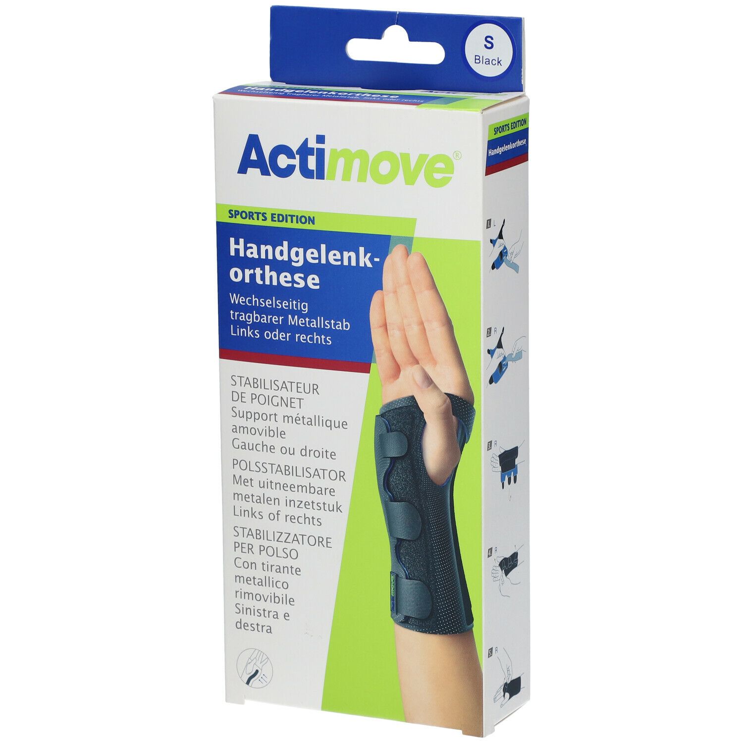 Actimove orthèse de poignet en emballage. Noir, taille S. Barre métallique, portable gauche ou droite. Main sur l'emballage.