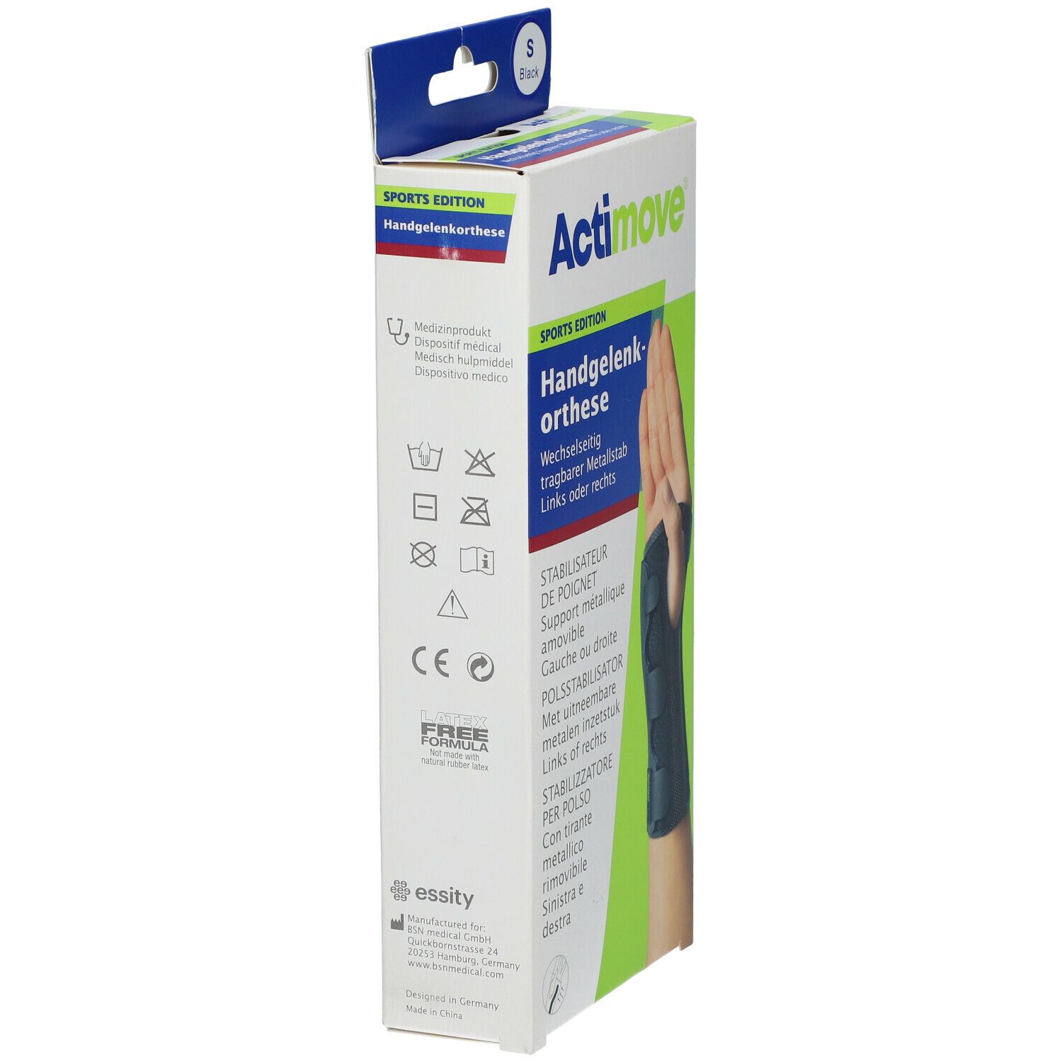Emballage de l'orthèse de poignet Actimove. Informations sur le produit et symboles de lavage. Logo Essity et marquage CE.