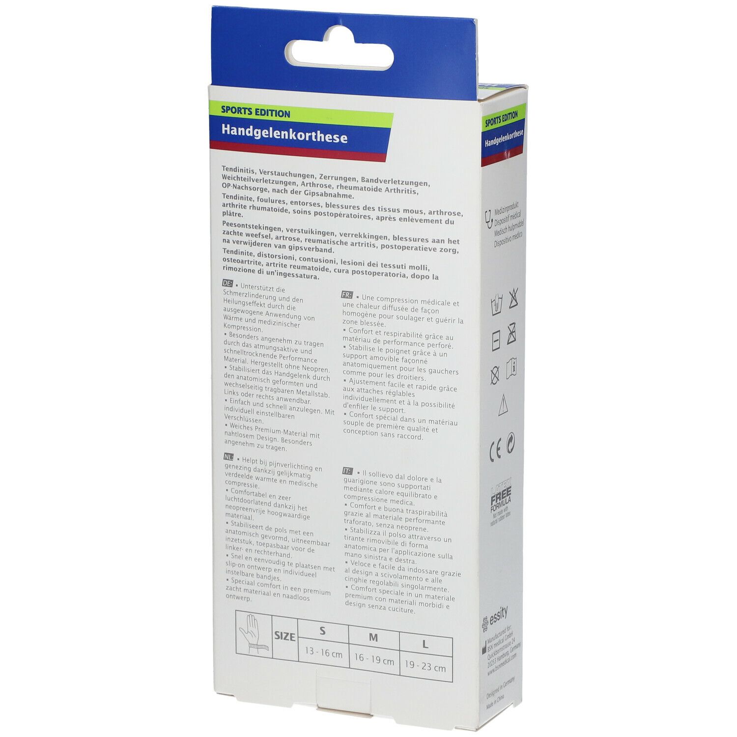 Dos de l'emballage de l'orthèse de poignet Actimove. Informations produit, tailles S, M, L. Symboles de lavage.