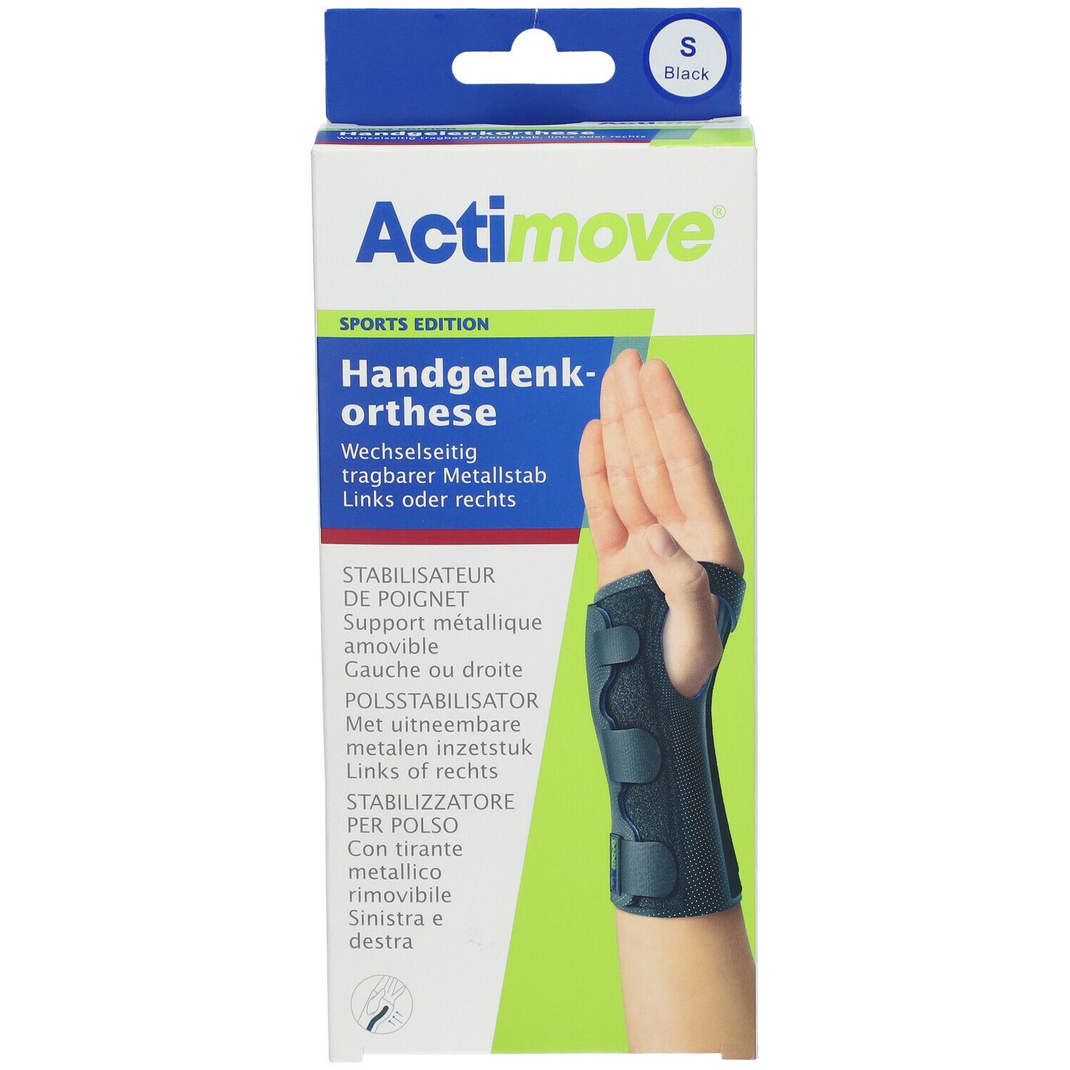 Actimove orthèse de poignet en emballage. Noir, taille S. Barre métallique, portable gauche ou droite. Main sur l'emballage.