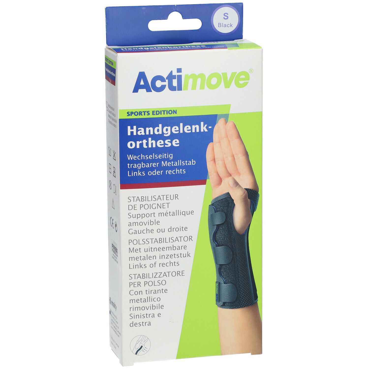 Actimove orthèse de poignet en emballage. Noir, taille S. Barre métallique, portable gauche ou droite. Main sur l'emballage.