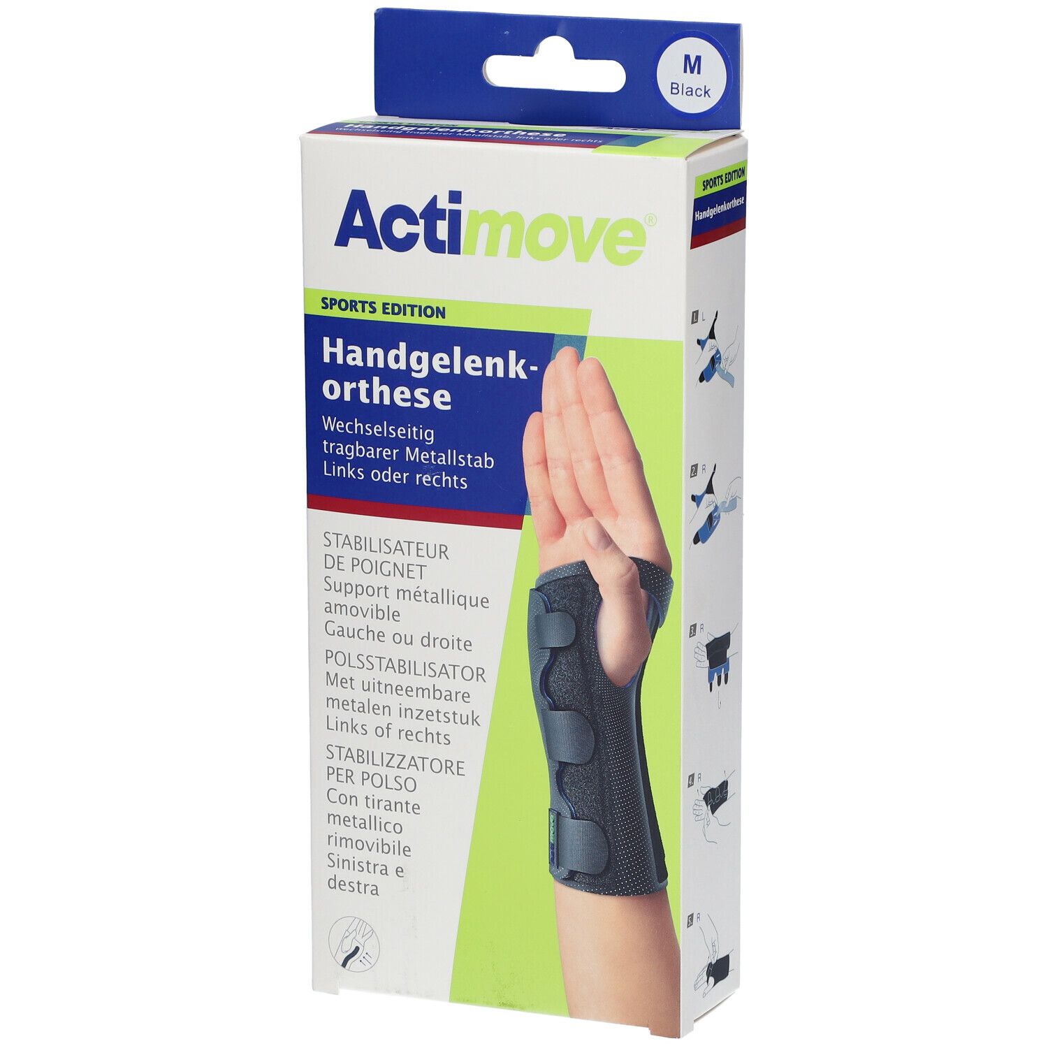 Verpakking Actimove Sport Bandage Poignet Medium. Zwarte polsbrace op de verpakking. Maat M.